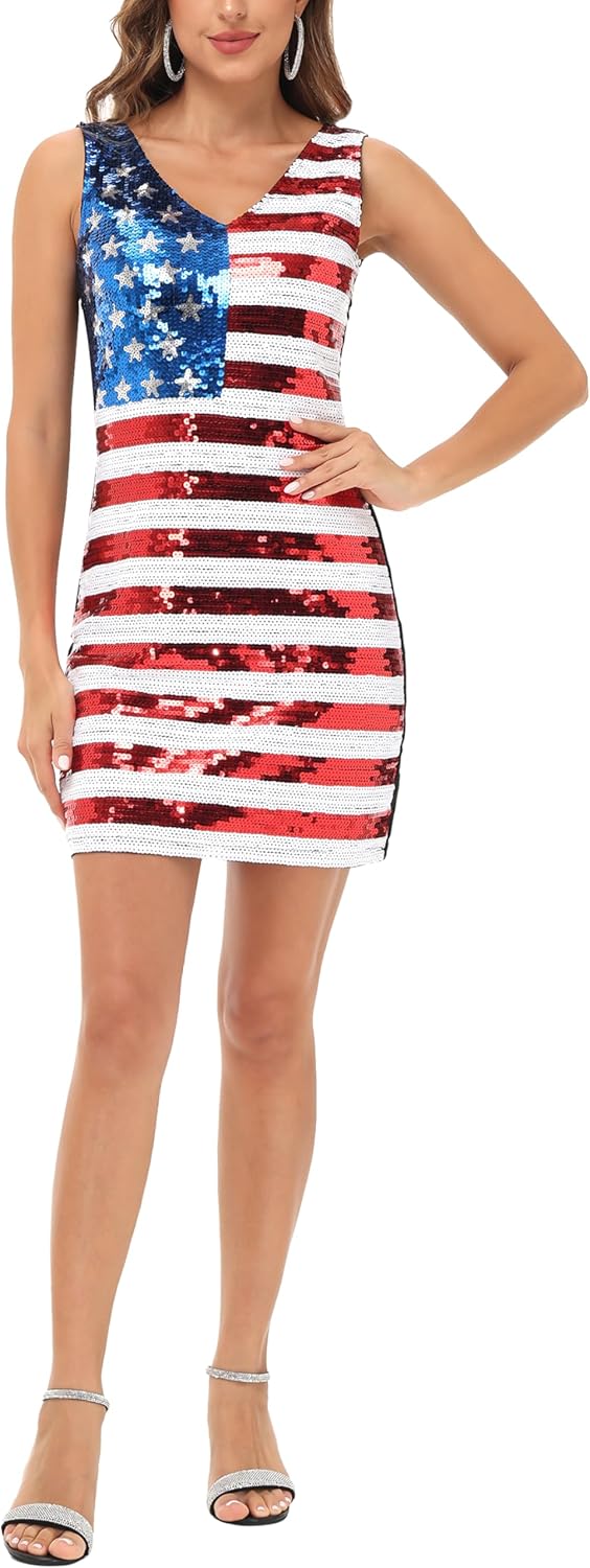 Anna-Kaci Women's American Flag Sequin Dress V-Neck Sleeveless USA Patriotic Striped Glitter Tank Mini Dress