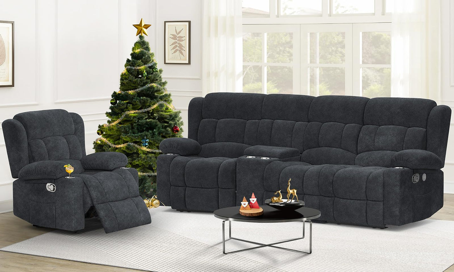 Loveseat Recliner Sofa, Flip Middle Backrest Design 3 Seat Reclining Sofa with Storage Drawer, USB Ports & Cup Holders, Manual Couch for Living Room/RV (Gray)