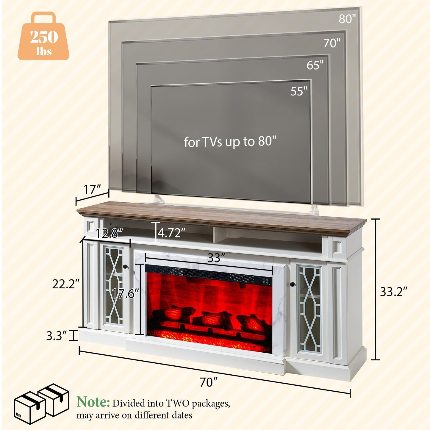 AMERLIFE 70" Farmhouse Heavy Fireplace TV Stand with 33" Electric Fireplace, for 80" TVs up, Media Entertainment Center with Diamond Door, TV Console Storage Cabinet for Living Room, White & Barnwood