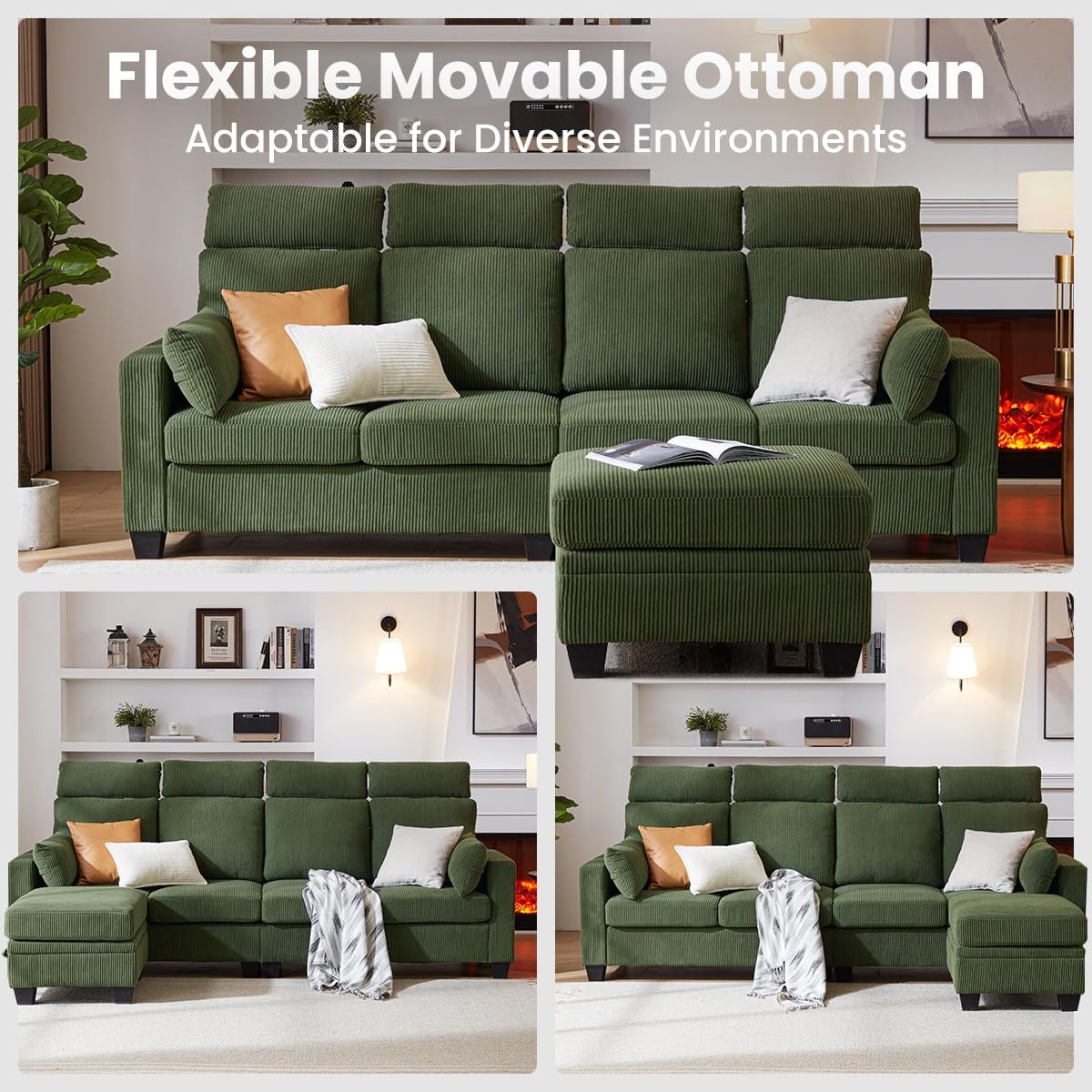 CHIC HOUSE Corduroy Modular Sectional Couch with Ottoman Chaise, L Shaped 4-seat Sofa for Living Room, Apartment, Lounge, Modern Armrest Neck Support Furniture