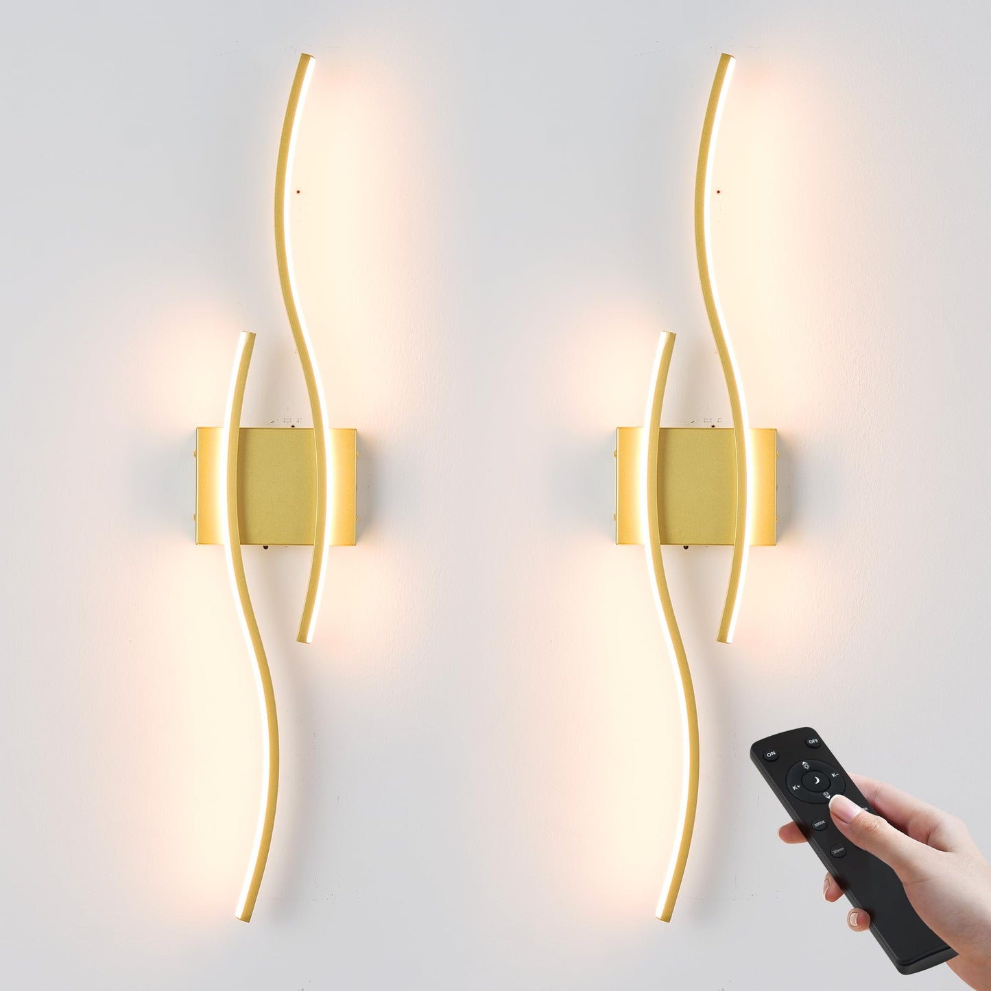 Battery Operated Wall Sconces Set of Two with Remote Control, Dimmable/3 Color/Night-Light/Timer/Memory, Black Modern Wireless LED Sconce for Living Room, Hallway, Bedroom, 39.3 Inch (2 Pack)