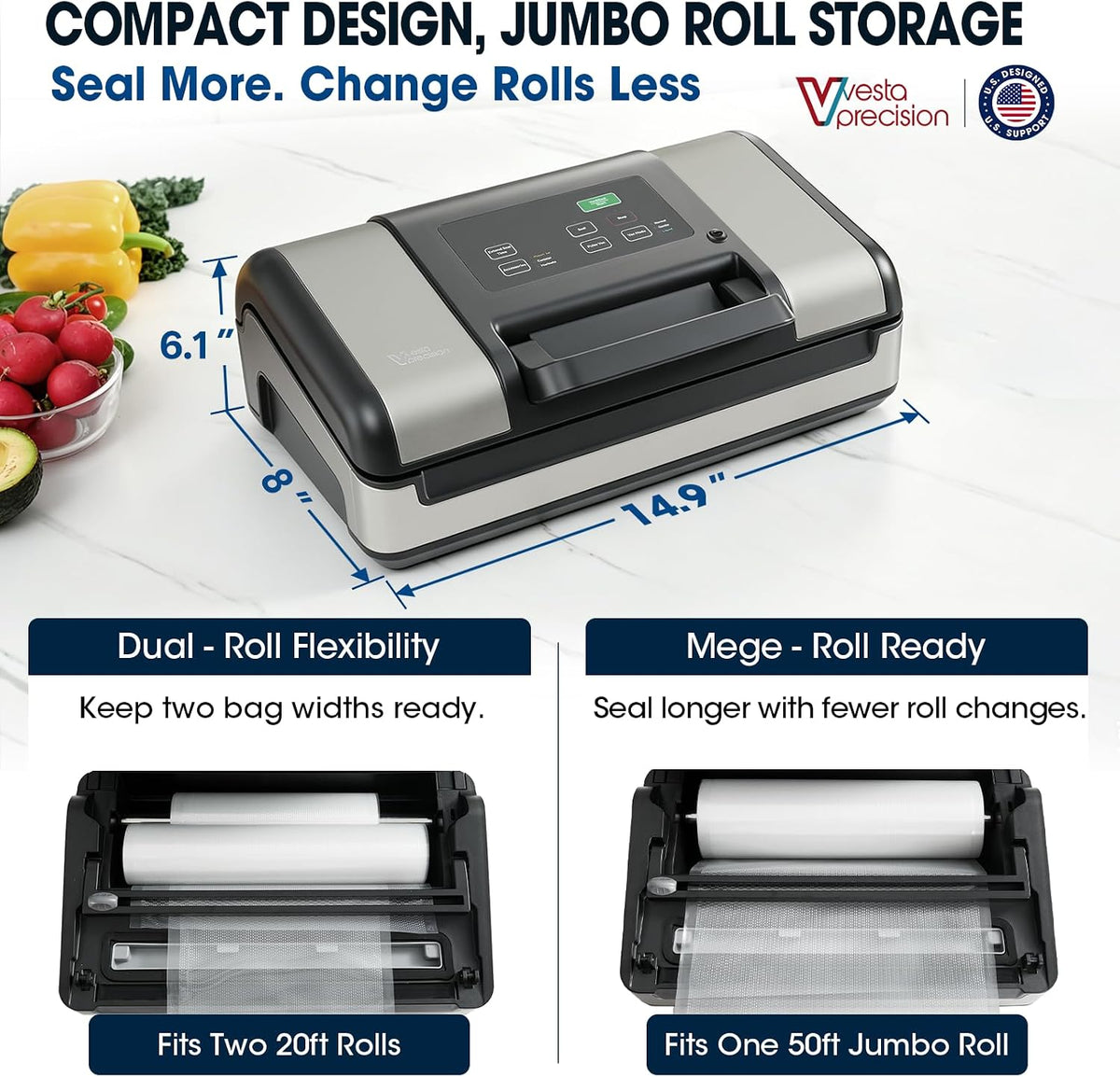 Vesta Precision 12" Vacuum Sealer for Food & Liquids, 1x50' or 2x20' Rolls