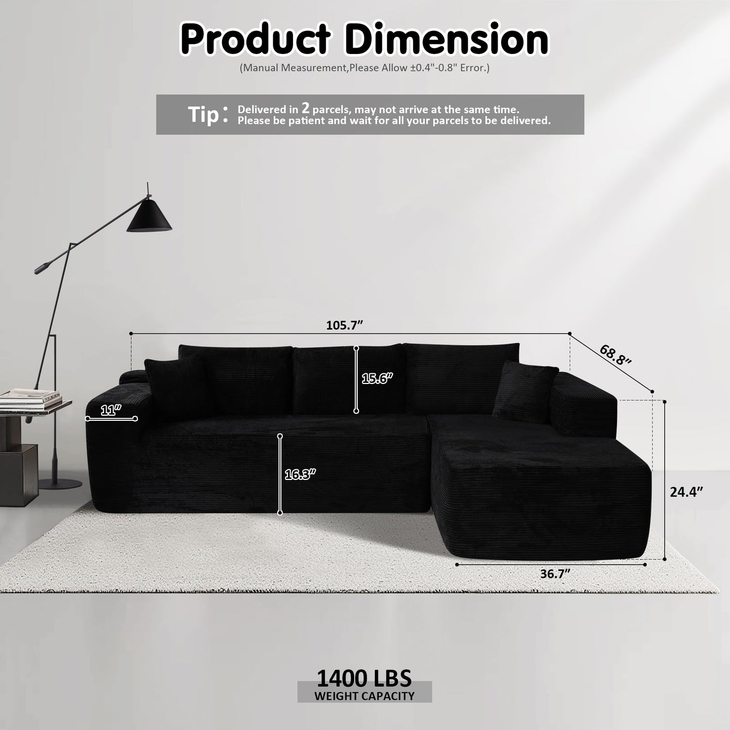 ovios 104" Cloud Sectional Couch with L-Shape Chaise,Modern Modular Sofa with Deep Seat, Upholstered Couches for Living Room Bedroom,No Assembly Required, Black (Corduroy Fabric)