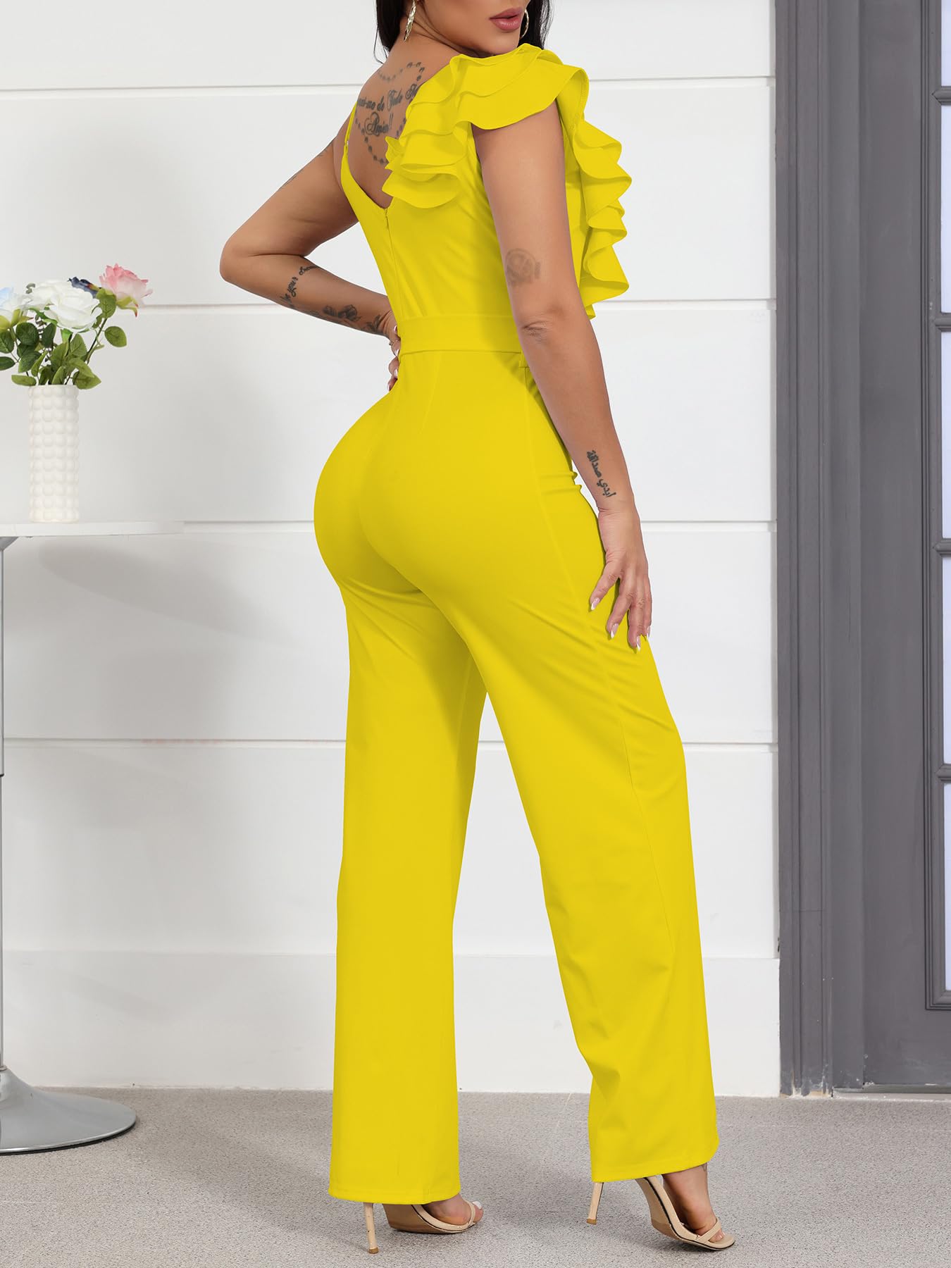 HBQ Womens Casual One Piece Jumpsuits V-Neck Sleeveless Ruffle Elegant Romper Wide Leg Pant Sexy Party Clubwear Overalls