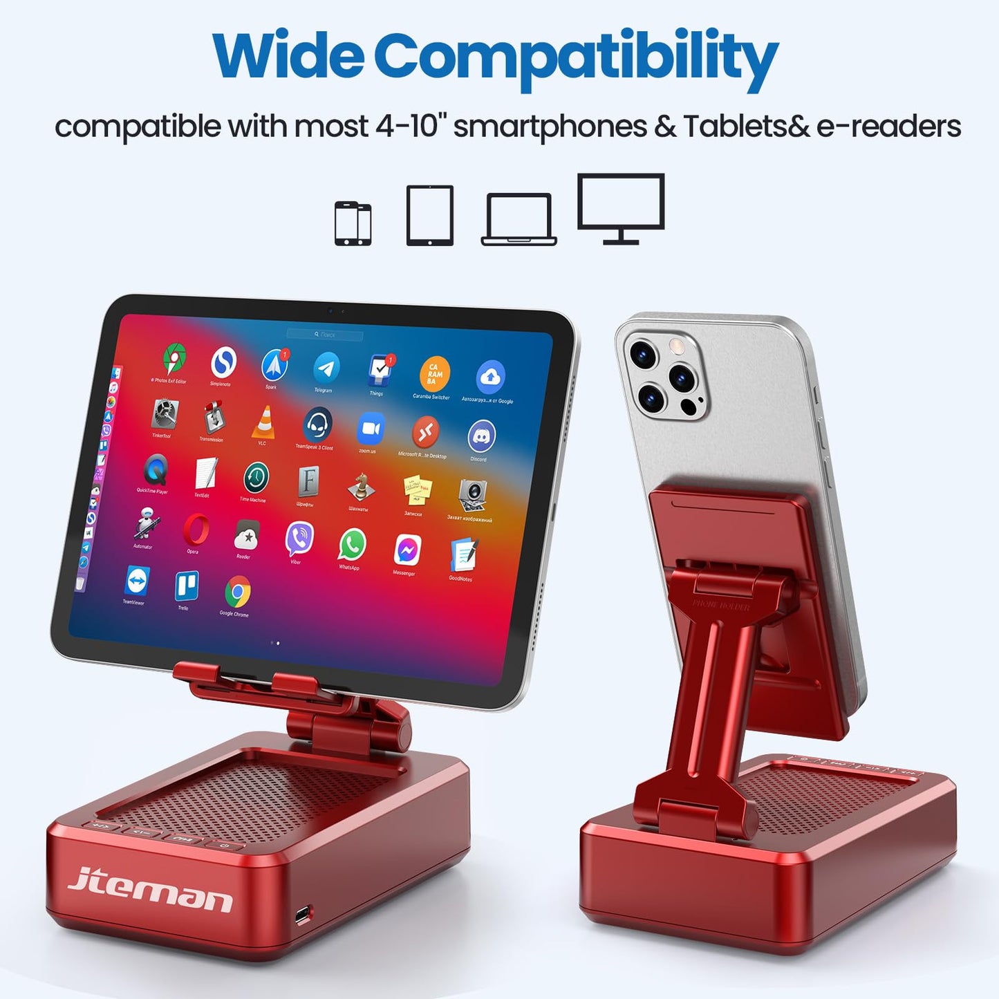 JTEMAN Tablet Stand Adjustable with Bluetooth Speakers,Kitchen Gadgets,Gifts for Women Men,Wireless Bluetooth Speaker Tablet Holder,Desk Mic Charging Sation Compatible with Phones and Tablet