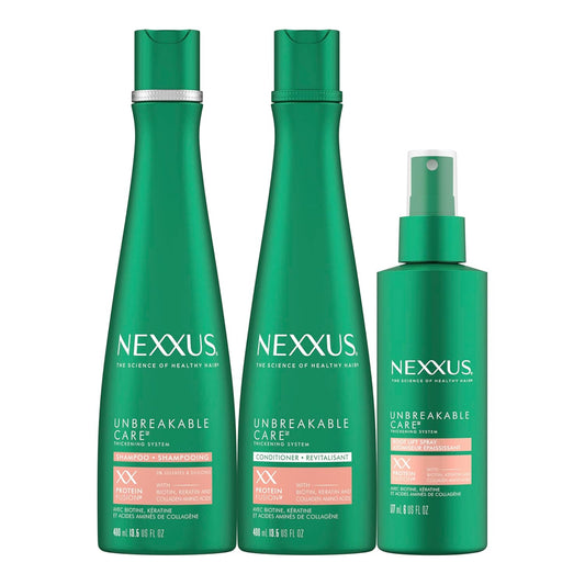 Nexxus Unbreakable Care Shampoo Conditioner and Leave-In Spray 3 Pack For Fine and Thin Hair with Keratin Collagen Biotin 13.5 oz 6 oz