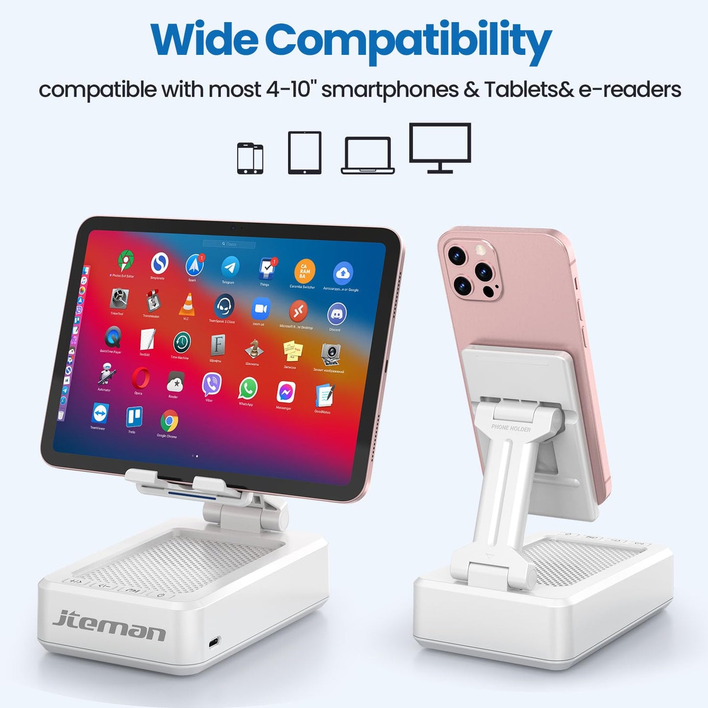 JTEMAN Tablet Stand Adjustable with Bluetooth Speakers,Kitchen Gadgets,Gifts for Women Men,Wireless Bluetooth Speaker Tablet Holder,Desk Mic Charging Sation Compatible with Phones and Tablet