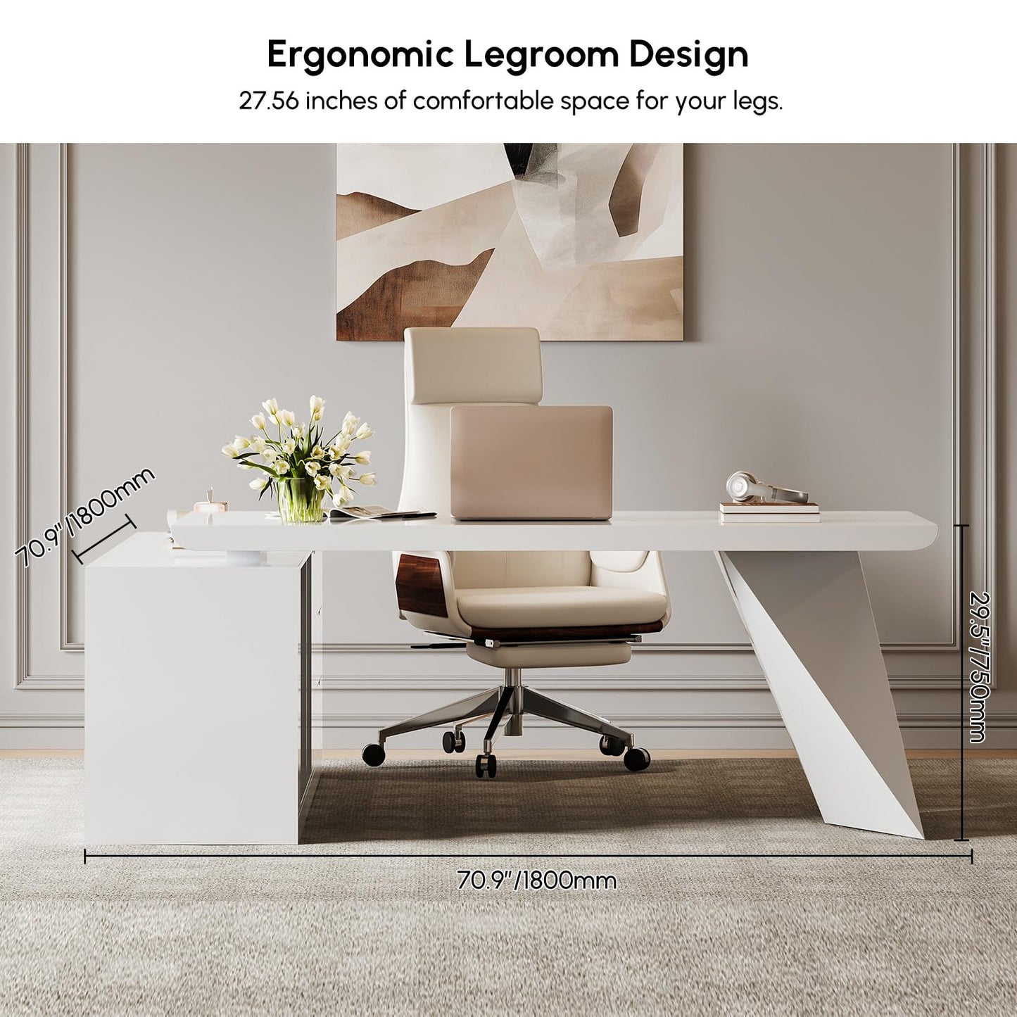 homary 70.9" Modern L-Shape Executive Desk, Home Office Desk with Drawers & Cabinet Modern Computer Desk for Home Business Furniture, Black, Right Hand