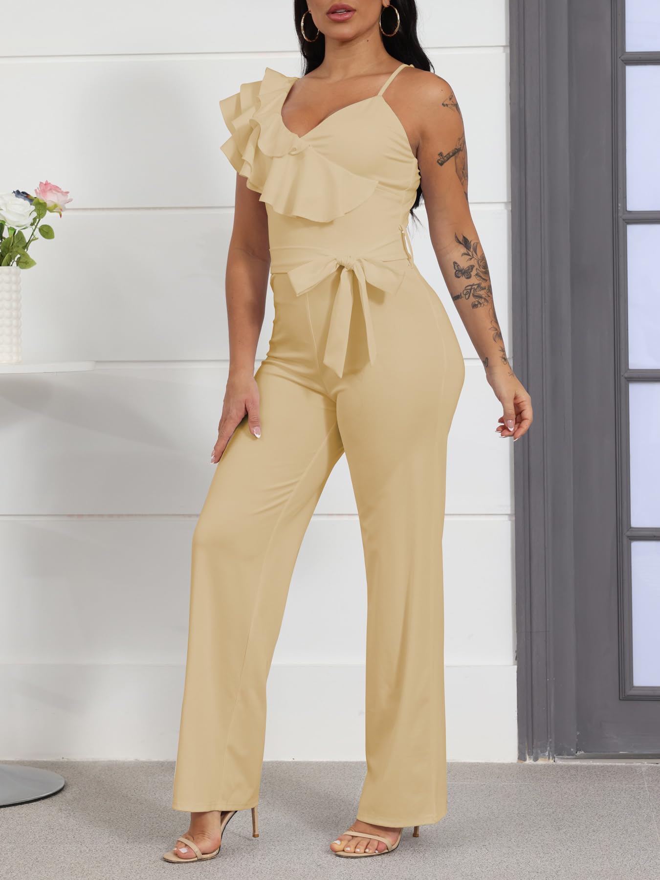 HBQ Womens Casual One Piece Jumpsuits V-Neck Sleeveless Ruffle Elegant Romper Wide Leg Pant Sexy Party Clubwear Overalls