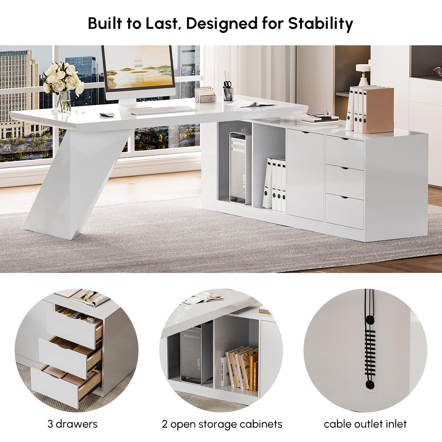 homary 70.9" Modern L-Shape Executive Desk, Home Office Desk with Drawers & Cabinet Modern Computer Desk for Home Business Furniture, Black, Right Hand