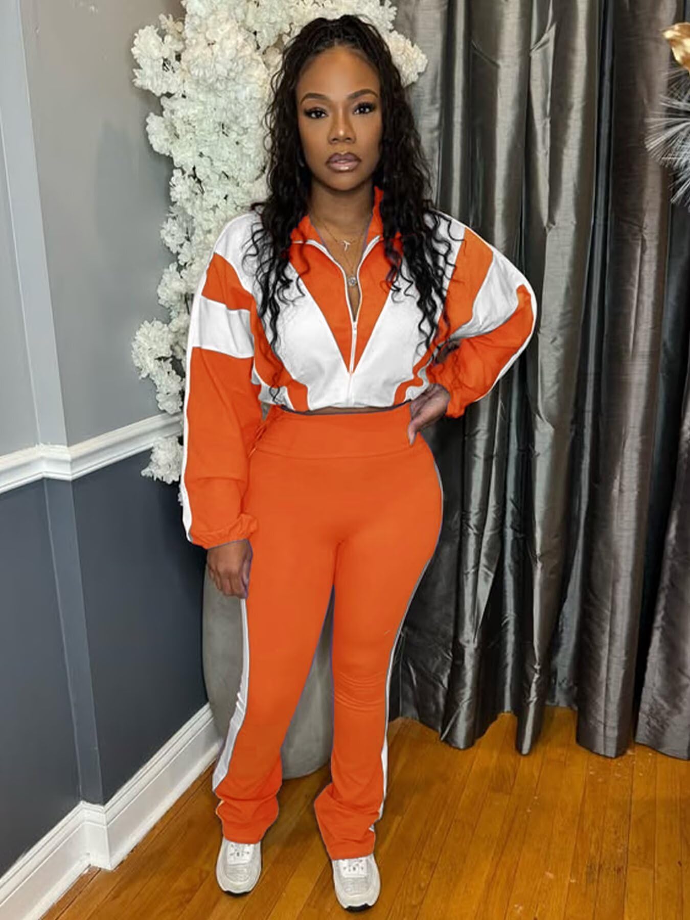 Remelon Womens 2 Piece Sweatsuits Color Block Long Sleeve Zipper Cropped Jacket Legging Pants Set Tracksuit Jogger Outfits