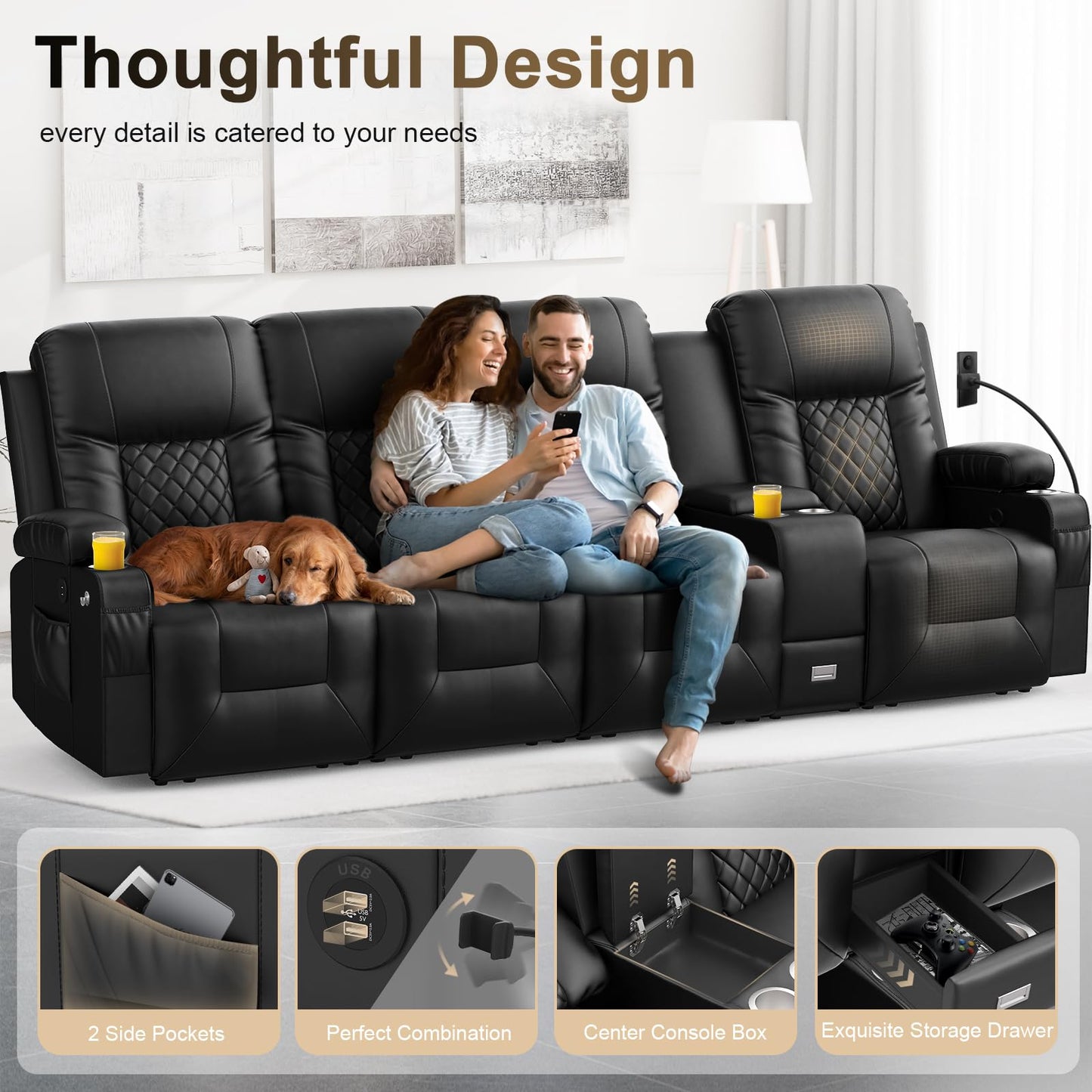 YONISEE 3 Seat Recliner Sofa, Large Reclining Sofa with Storage Console, Manual Reclining Chair with USB Ports, 2 Cell Phone Holder, 3 Seater Loveseat Recliner Couch for Living Room