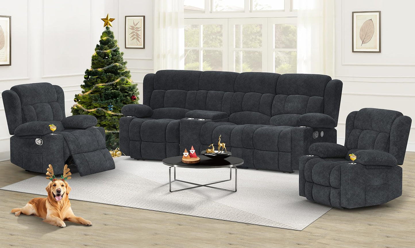 Loveseat Recliner Sofa, Flip Middle Backrest Design 3 Seat Reclining Sofa with Storage Drawer, USB Ports & Cup Holders, Manual Couch for Living Room/RV (Gray)