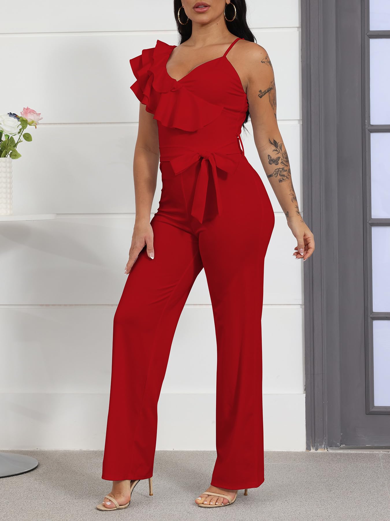 HBQ Womens Casual One Piece Jumpsuits V-Neck Sleeveless Ruffle Elegant Romper Wide Leg Pant Sexy Party Clubwear Overalls