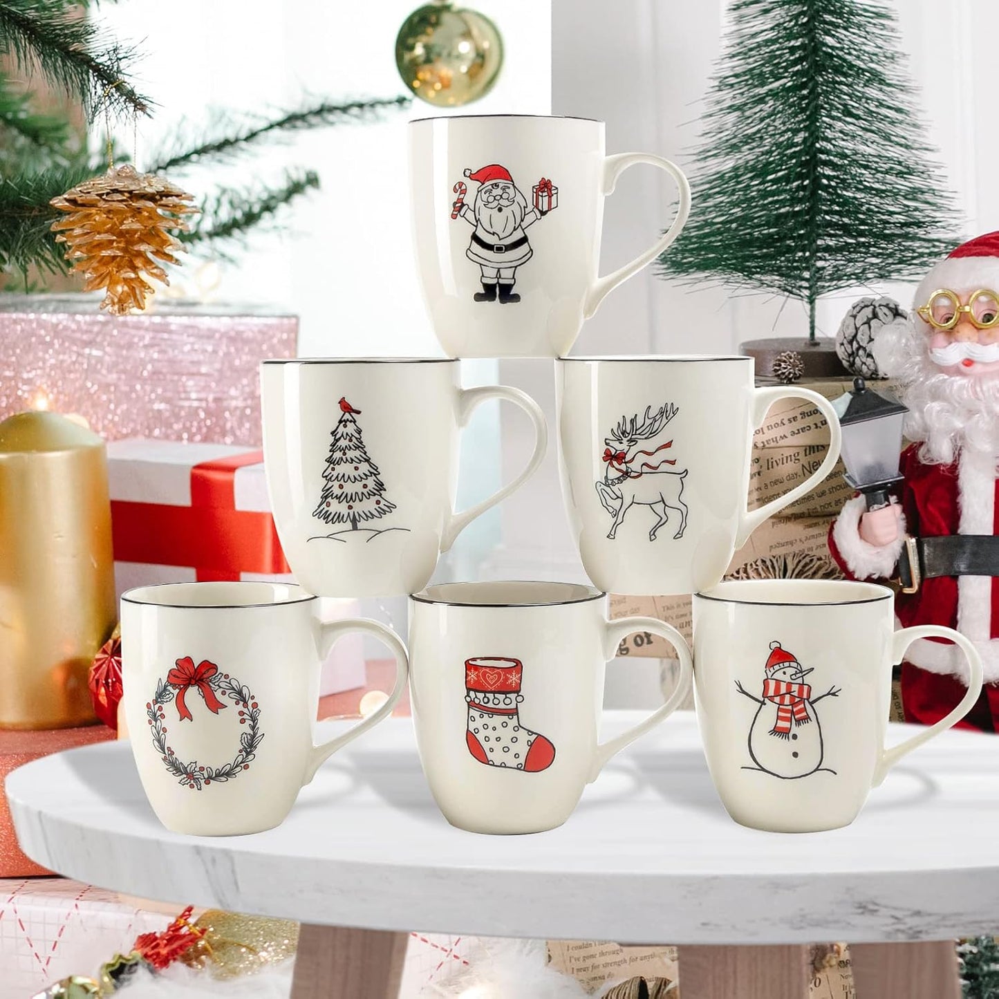 LEHAHA Christmas Coffee Mug Set of 6 – 16 oz Holiday Theme Ceramic Coffee Mugs Perfect for Latte, Tea or Milk, Give as a Christmas Gift to Family or Friends, Assorted Design