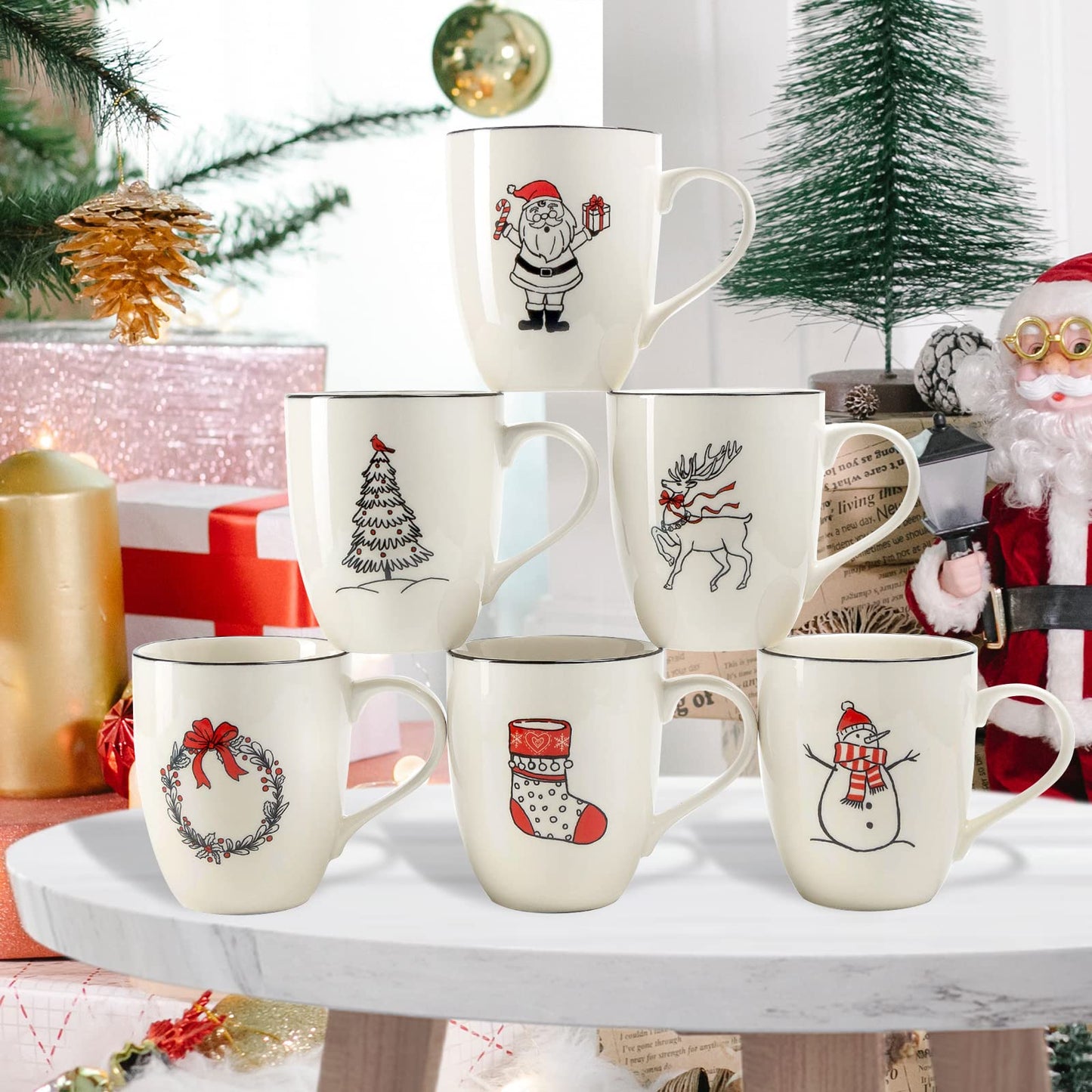 LEHAHA Ceramic Christmas Coffee Mug set,16 OZ Holiday Mugs Set of 6, Festival Coffee Cups with Warm Greeting sayings, Porcelain Christmas Drinkware Ideal for Hot Cocoa, Holiday Tea & Winter Beverages