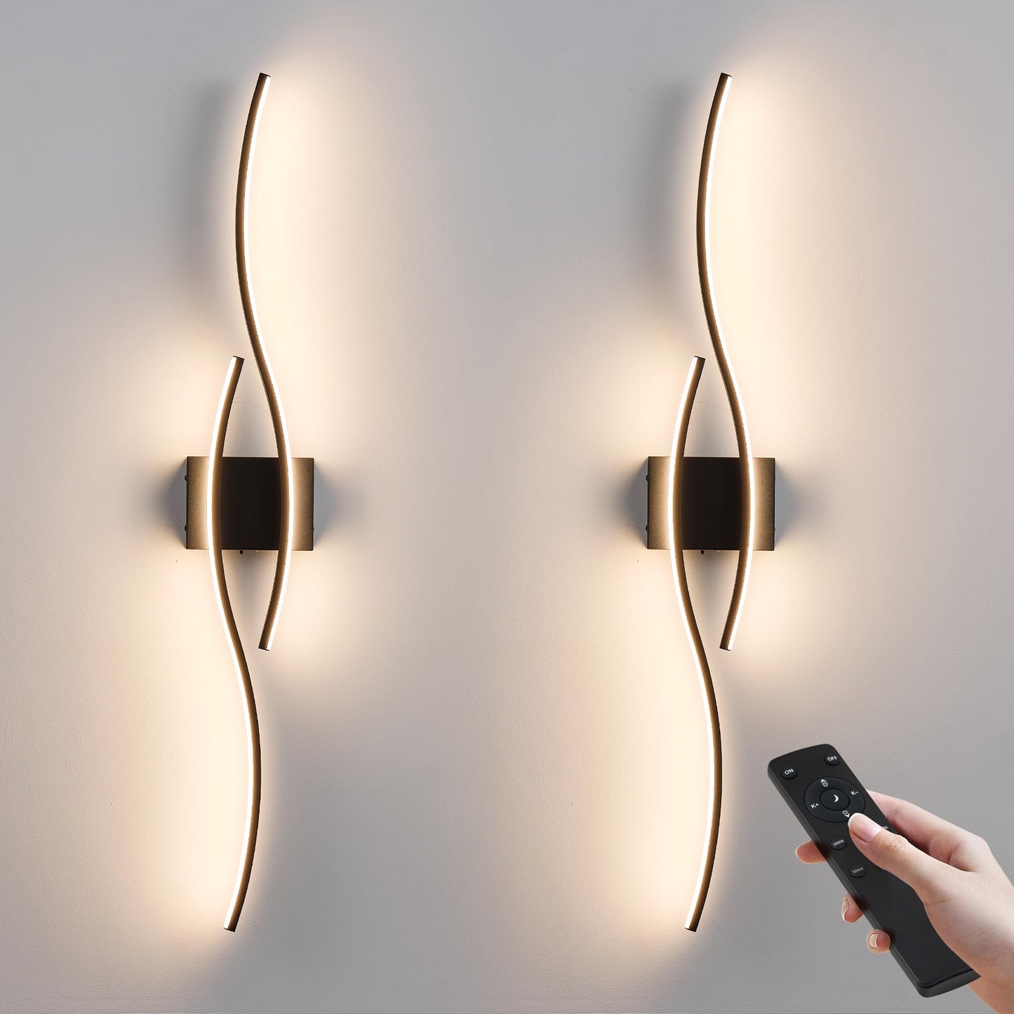 Battery Operated Wall Sconces Set of Two with Remote Control, Dimmable/3 Color/Night-Light/Timer/Memory, Black Modern Wireless LED Sconce for Living Room, Hallway, Bedroom, 39.3 Inch (2 Pack)