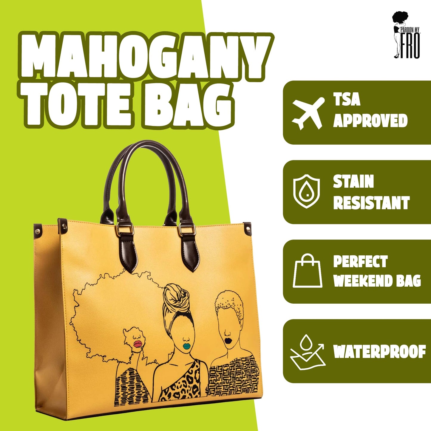 Pardon My Fro Tote Bag for Women – Large Shoulder Bag with Zippered Compartment, Fits Laptop, Mahogany Yellow and Tribe Blue