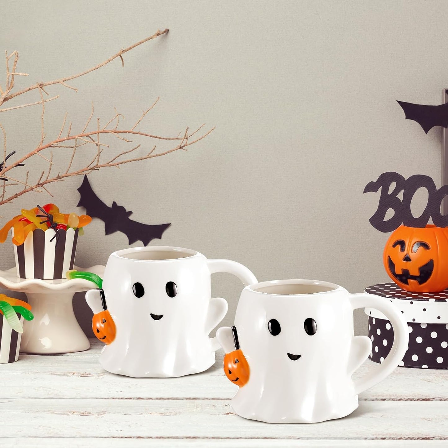 2 Pcs 12 oz Halloween Ghost Mug Coffee Ceramic Boo Mug with Pumpkin Cute Ghost Face Cup with Handle for Halloween Party Decoration