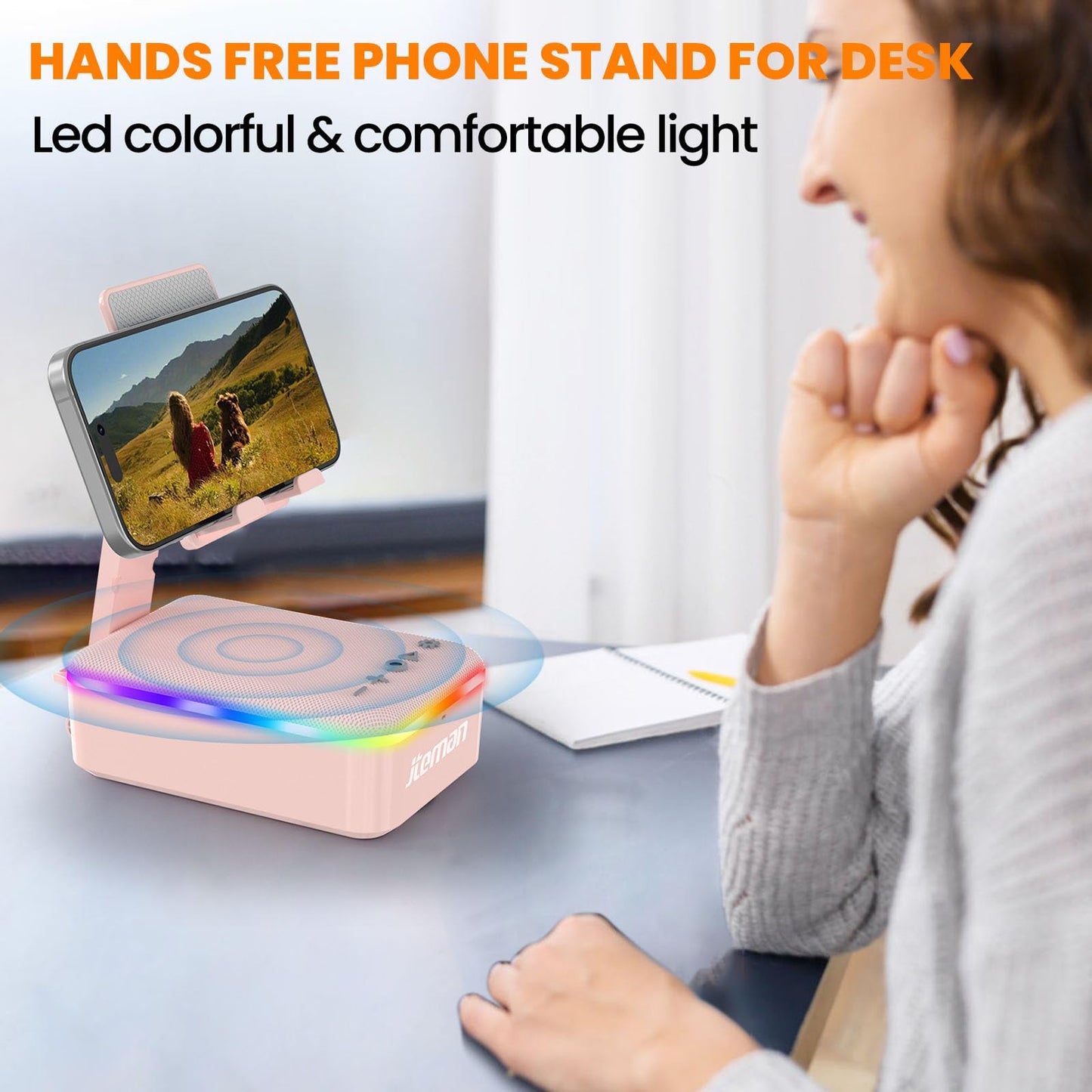 JTEMAN Gifts for Men Women,Cell Phone Stand with Bluetooth Speaker and LED Light,Cool Tech Gadgets,Unique Birthday Gifts for Men Husband Mom Dad-Pink