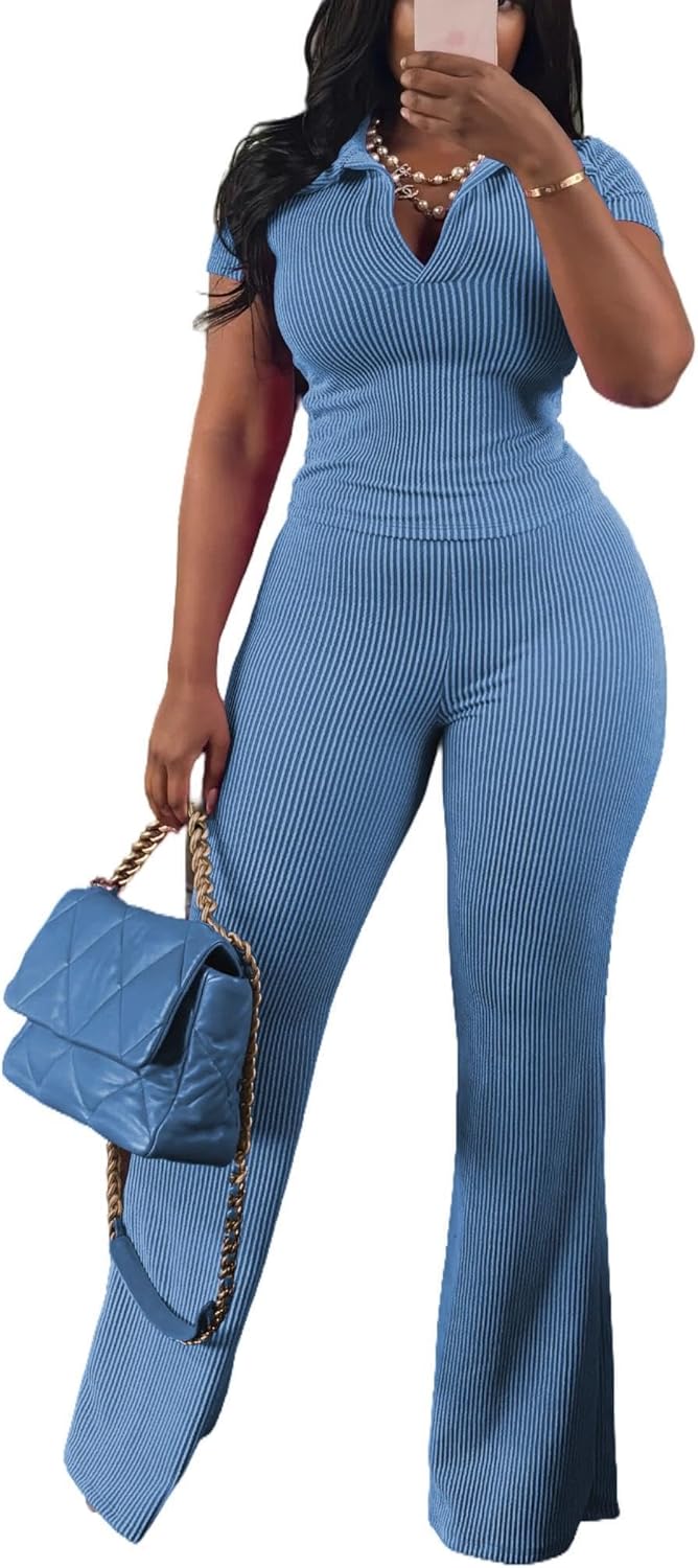 HBQ Women Two Piece Outfit Ribbed Short Sleeve V Neck Polo Top and Flare Pants Casual Lounge Sets Tracksuit