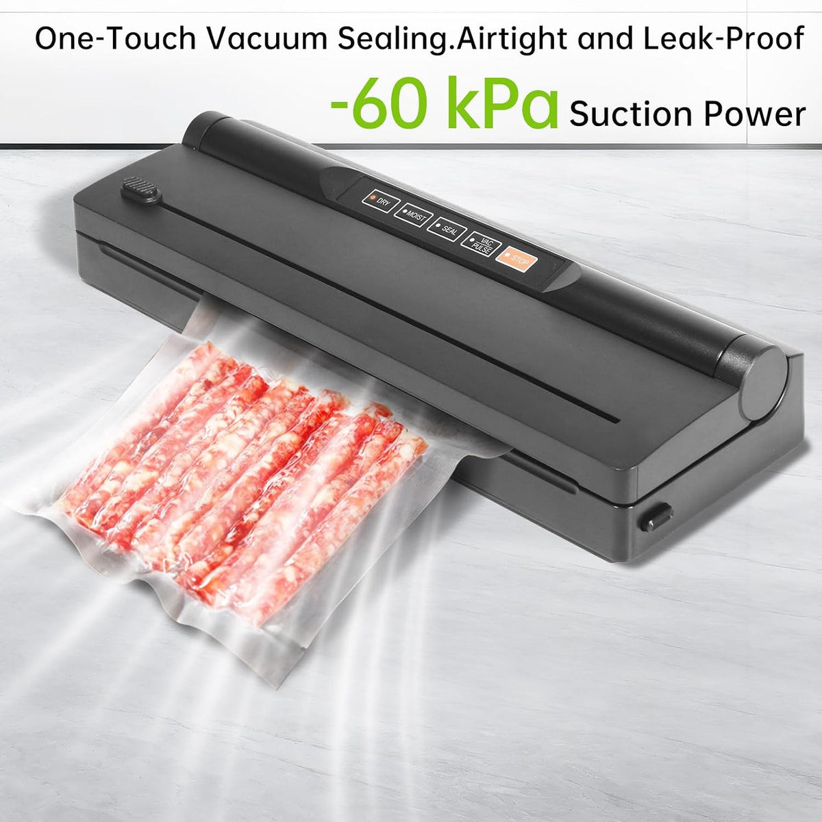 Black Vacuum Sealer Machine, VS6615H 60KPa 4-in-1 Compact Food Sealer with Double Heat Seal for Dry Moist Food, Built-in Cutter, Bag Storage + Bags, for Home Cooks & Meal Preppers