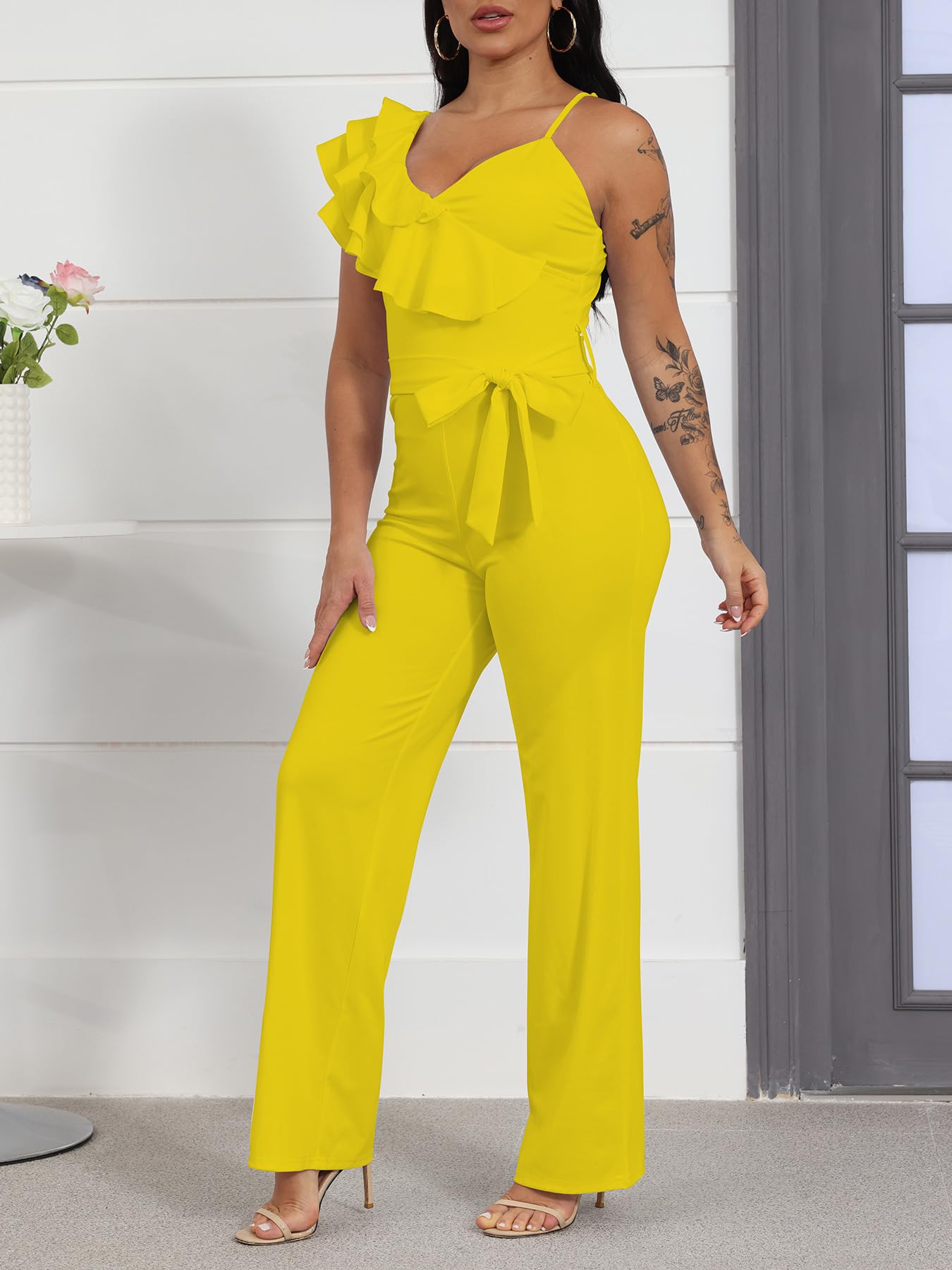 HBQ Womens Casual One Piece Jumpsuits V-Neck Sleeveless Ruffle Elegant Romper Wide Leg Pant Sexy Party Clubwear Overalls