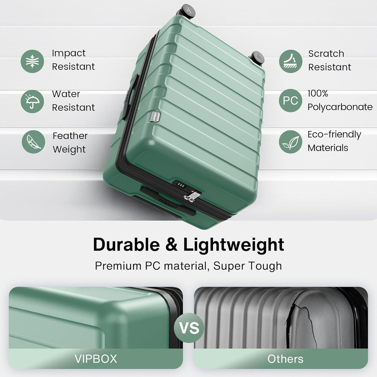 Luggage Sets 3 Piece (3-YEARS VIP SERVICE) Hardside Expandable Lightweight Premium Polycarbonate Simple Beautiful Travel Suitcase with Wheels x1 TSA Approved Lock for Women Men, Green