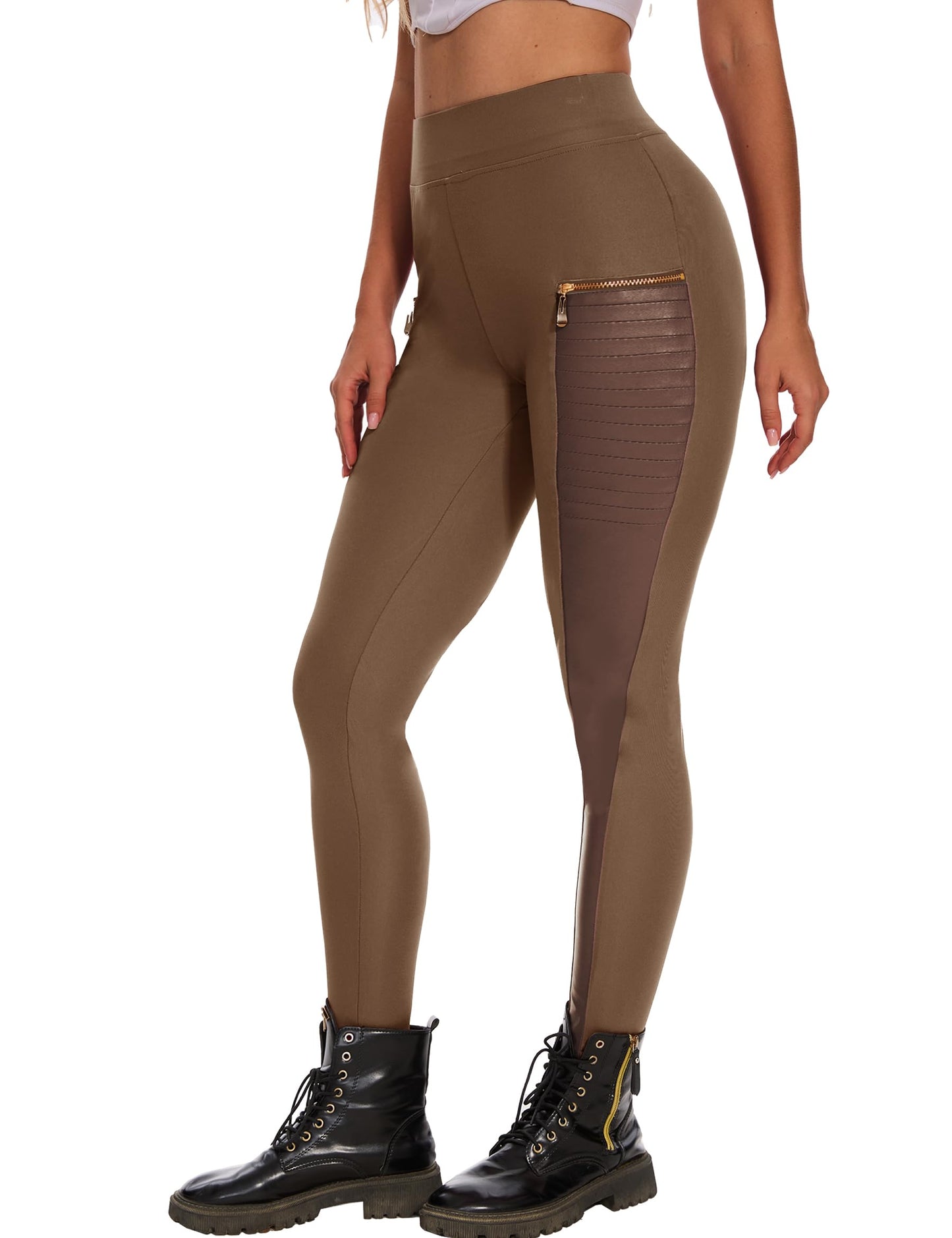 Faux Leather Leggings for Women Pleather Pant Elastic Mid Waisted Stretchy Patch Zip Tights