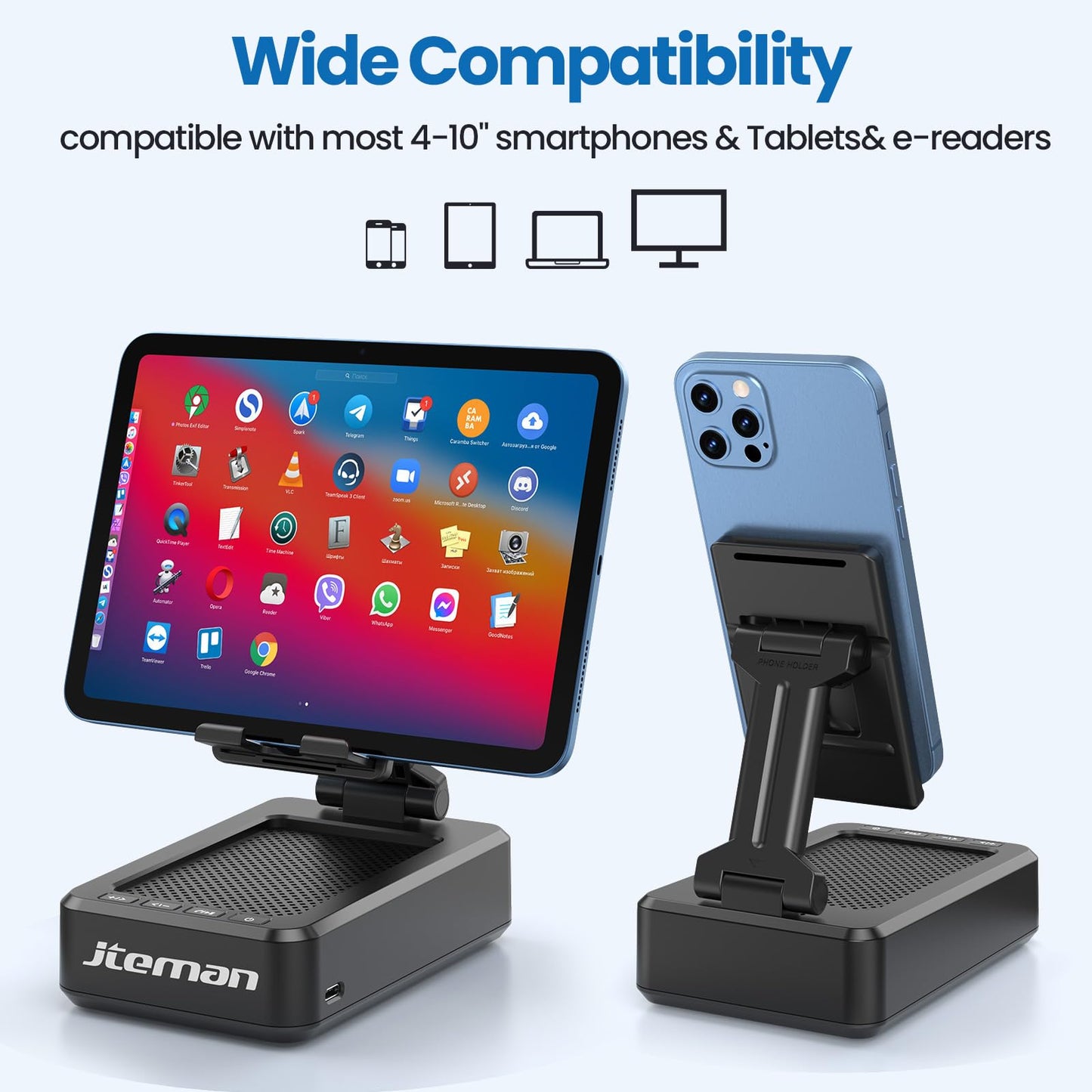 JTEMAN Tablet Stand Adjustable with Bluetooth Speakers,Kitchen Gadgets,Gifts for Women Men,Wireless Bluetooth Speaker Tablet Holder,Desk Mic Charging Sation Compatible with Phones and Tablet