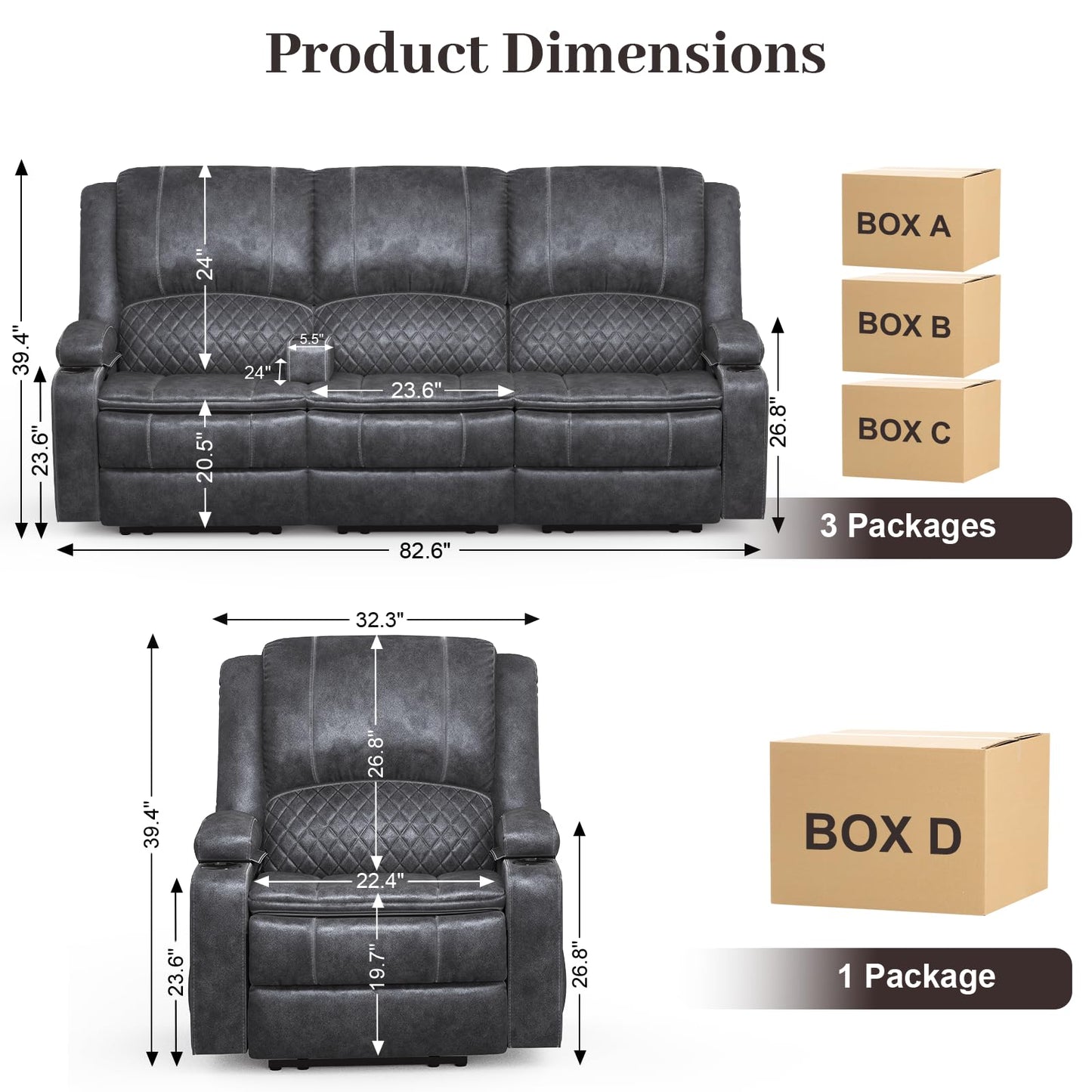 3 Seater Recliner Sofa Set with 2-Tier Cushion, 3+1+1 Pieces in Living Room, 3 Seater Reclining Couch Dutch Velvet with Removable Console, 2 Oversize Recliner Chair Sofa Seat - Grey