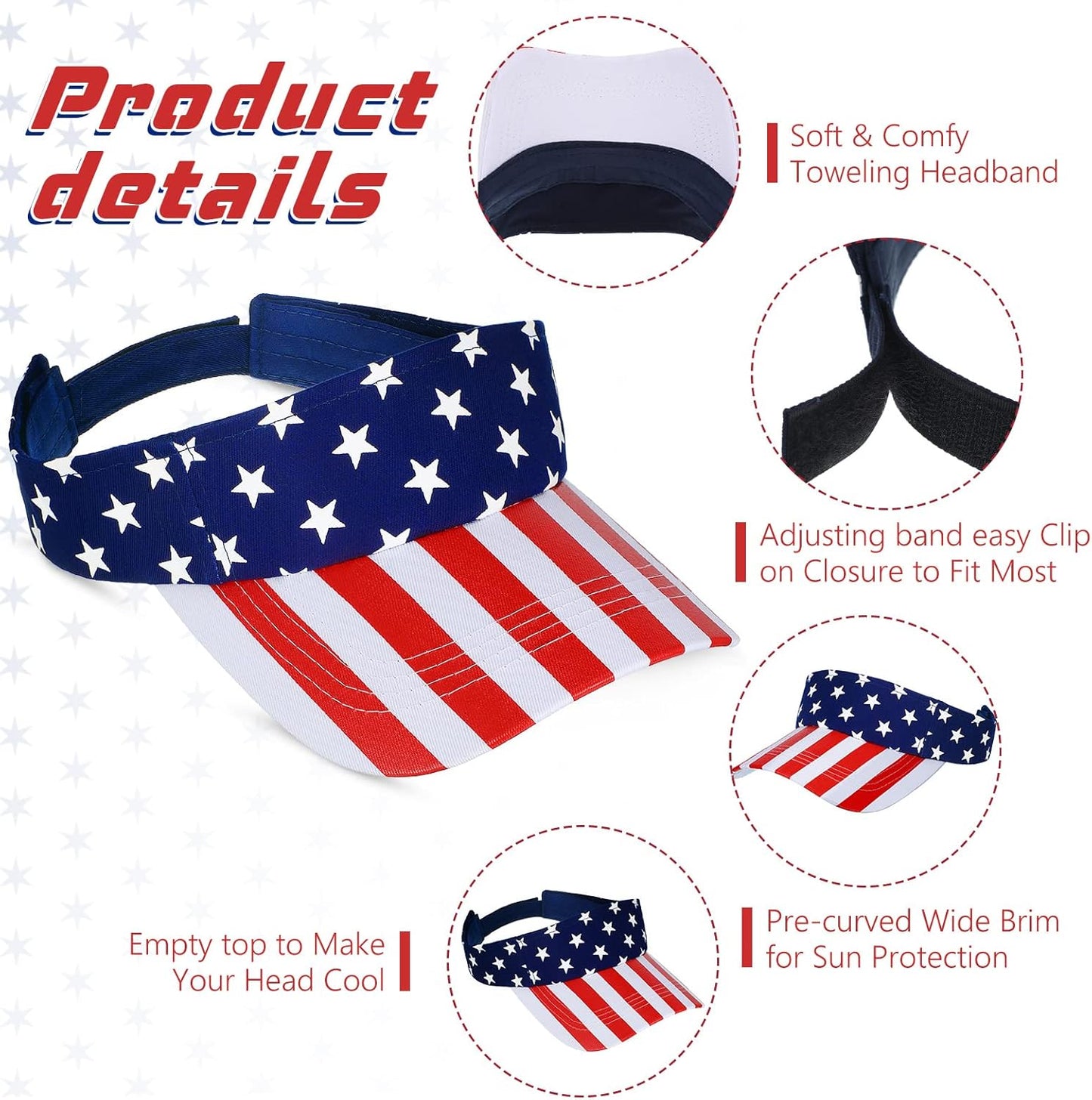 4 Pieces American USA Flag Visor Patriotic Visor Star Stripe Sun Visor Hat Adjustable Printed Twill Sun Protection Hat for Men Women
