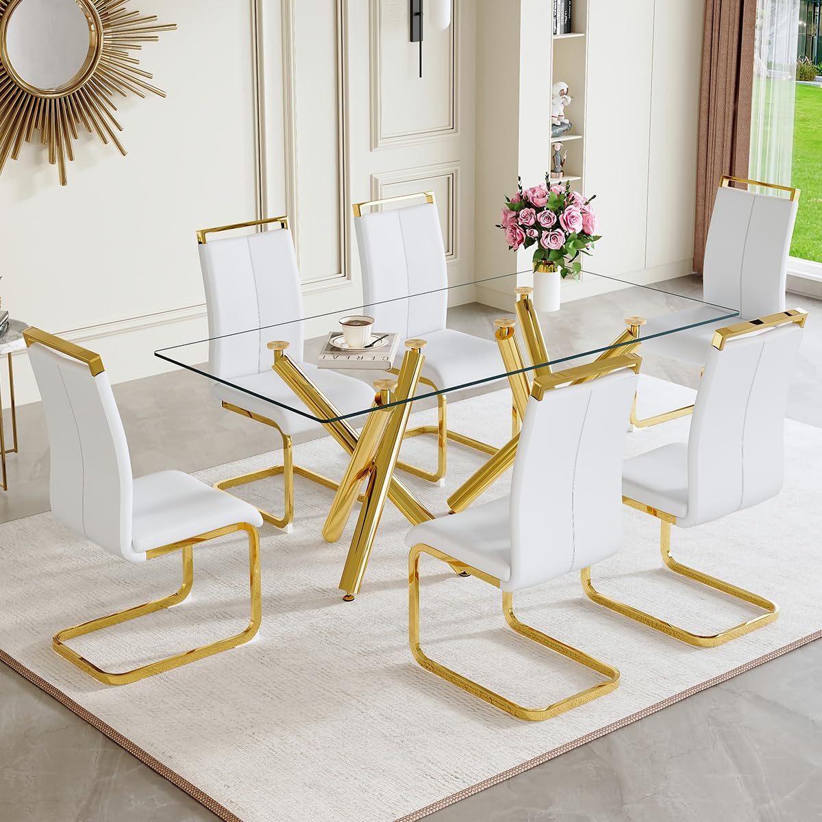 AZmac Modern Dining Table Set for 8 with Gold Metal Frame, 9-Piece Glass Dining Table with PU High Back Chairs for Kitchen Dining Room, Glass Table and 8 White Chairs