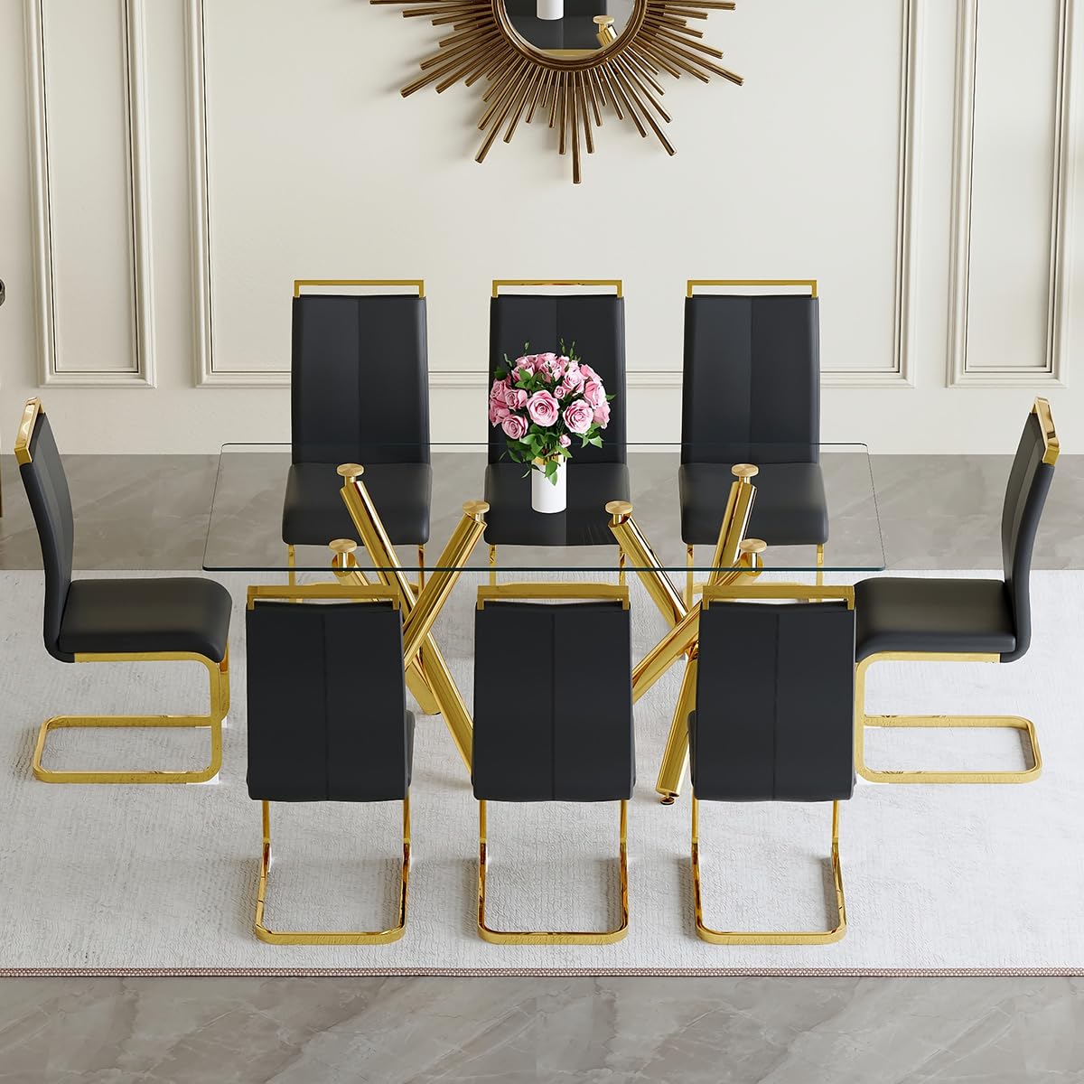 AZmac Modern Dining Table Set for 8 with Gold Metal Frame, 9-Piece Glass Dining Table with PU High Back Chairs for Kitchen Dining Room, Glass Table and 8 White Chairs