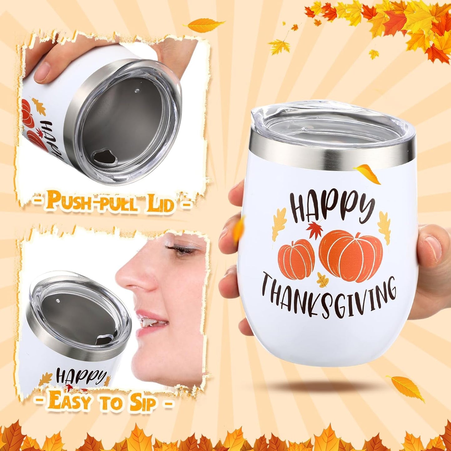 10 Pcs Thanksgiving Fall Tumbler with Lid and Straw Happy Fall Gift 12 oz Pumpkin Coffee Mug Wine Tumbler Maple Leaves Autumn Travel Mug Stainless Steel Insulated for Thanksgiving Party Favor