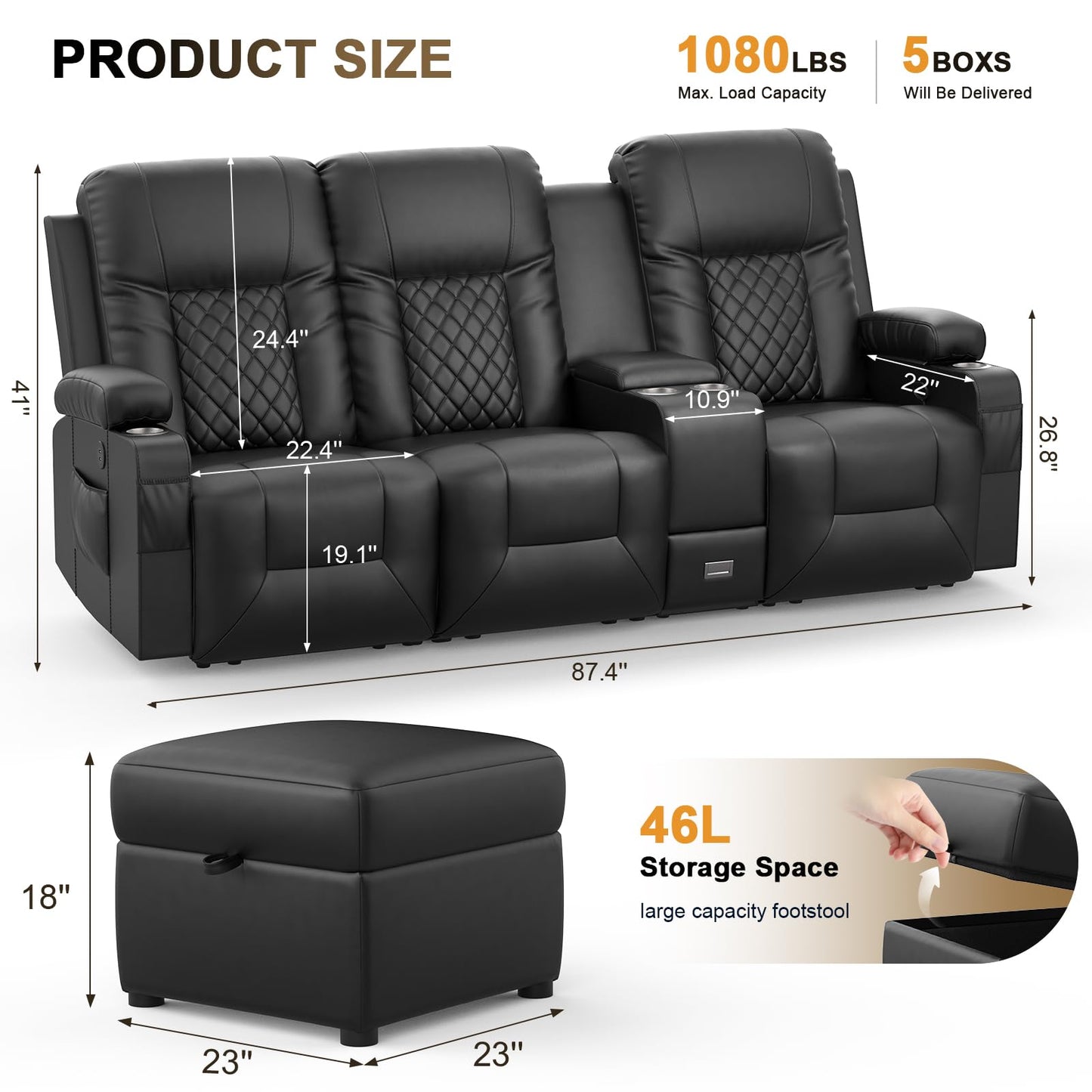 YONISEE 3 Seat Recliner Sofa, Large Reclining Sofa with Storage Console, Manual Reclining Chair with USB Ports, 2 Cell Phone Holder, 3 Seater Loveseat Recliner Couch for Living Room