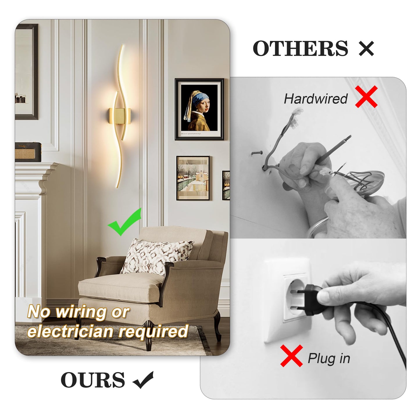 Battery Operated Wall Sconces Set of Two with Remote Control, Dimmable/3 Color/Night-Light/Timer/Memory, Black Modern Wireless LED Sconce for Living Room, Hallway, Bedroom, 39.3 Inch (2 Pack)