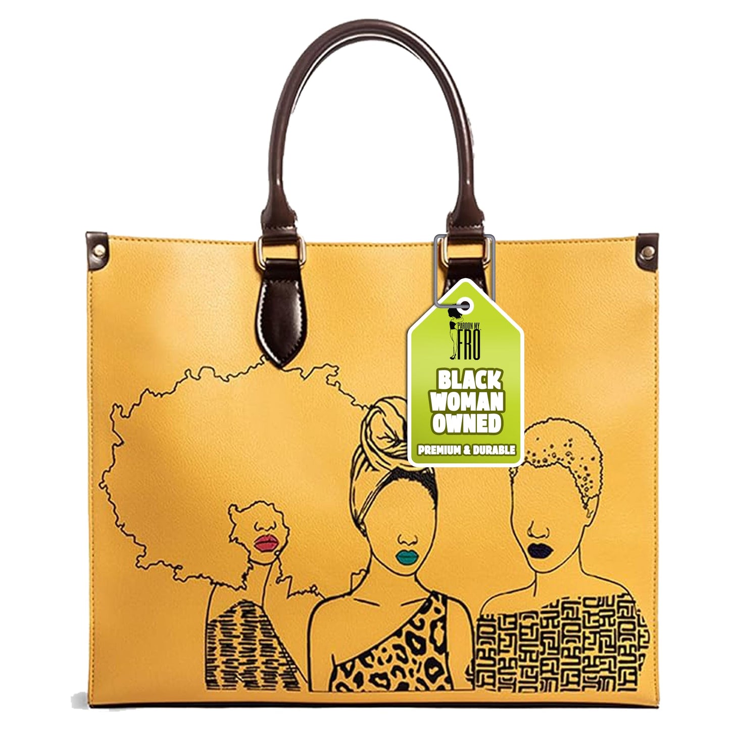 Pardon My Fro Tote Bag for Women – Large Shoulder Bag with Zippered Compartment, Fits Laptop, Mahogany Yellow and Tribe Blue