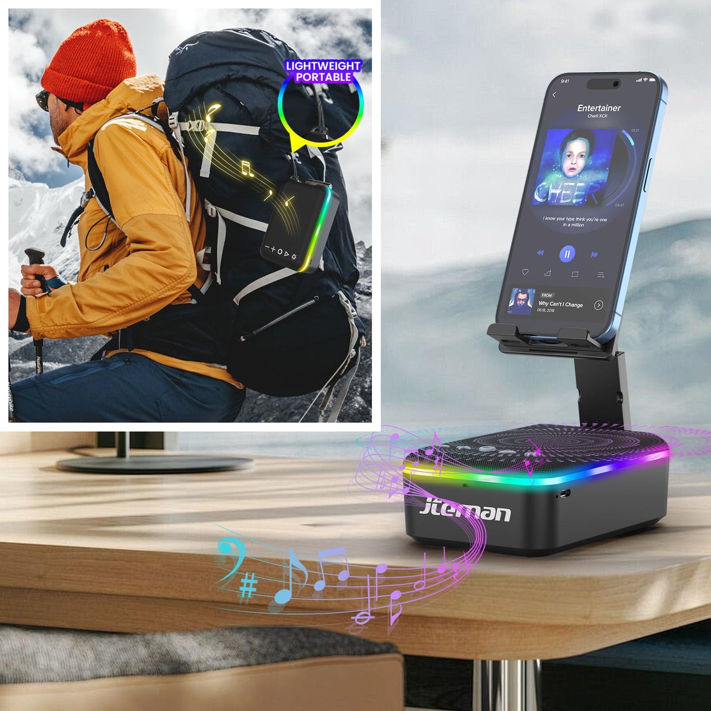 JTEMAN Gifts for Men Women,Cell Phone Stand with Bluetooth Speaker and LED Light,Cool Tech Gadgets,Unique Birthday Gifts for Men Husband Mom Dad-Pink