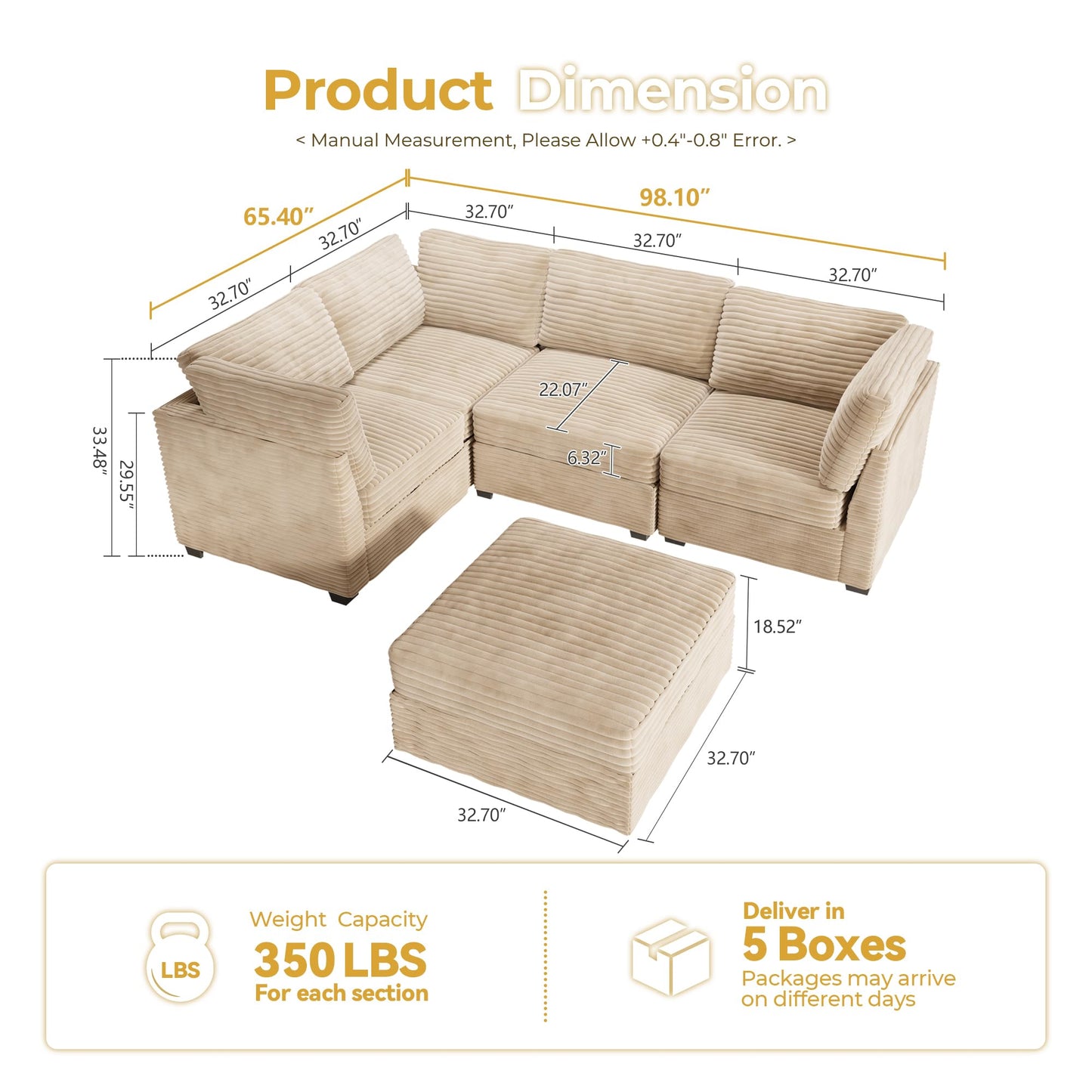 HOOOWOOO Modular Sectional Sofa,5 Pieces Sectional Couches for Living Room,98X98 L Shaped Cloud Couch Set(Grey Velvet Corduroy)