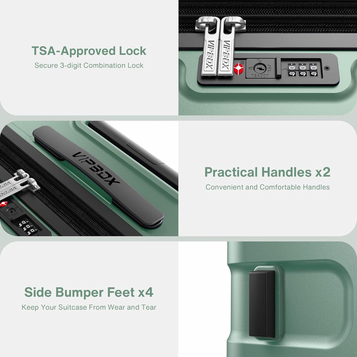 Luggage Sets 3 Piece (3-YEARS VIP SERVICE) Hardside Expandable Lightweight Premium Polycarbonate Simple Beautiful Travel Suitcase with Wheels x1 TSA Approved Lock for Women Men, Green