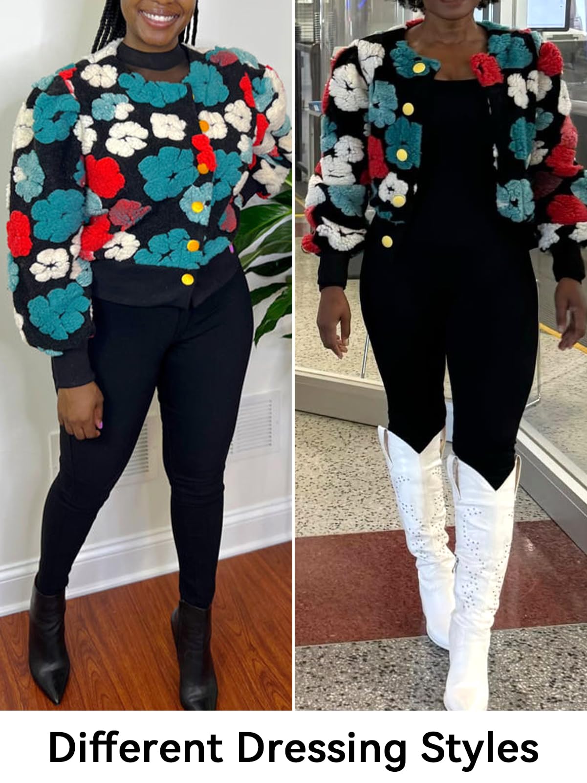 HOULENGS Women's Cropped Floral Print Fleece Bomber Jacket Casual Puff Sleeve Button Down Coats Winter Warm Outerwears