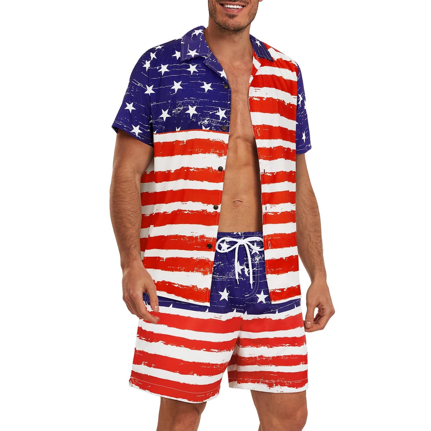 Century Star American Flag Suit for Men Hawaiian Beach Outfits Summer Vacation Hawaii Shirt & Swim Trunks Set