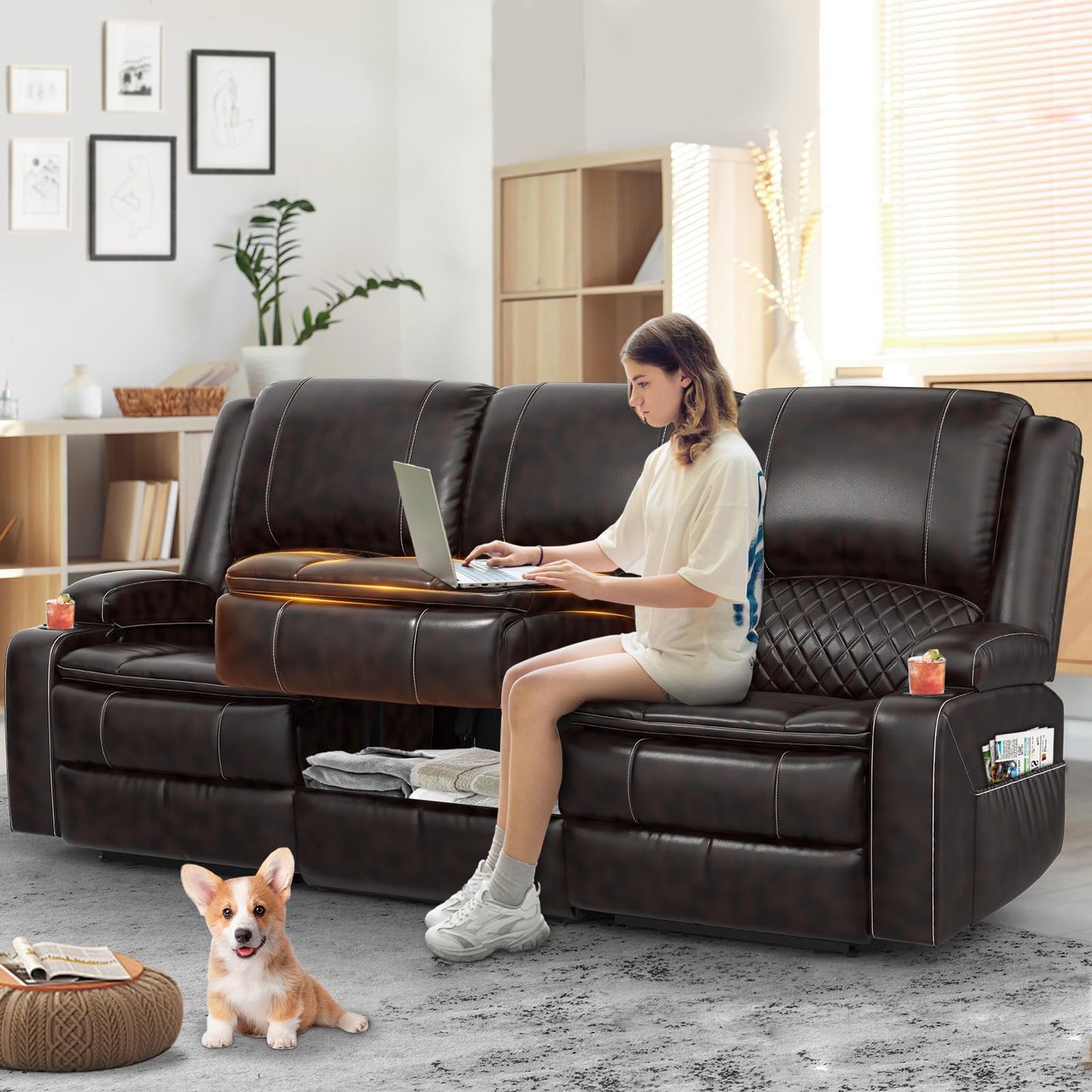 3 Seater Recliner Sofa Set with 2-Tier Cushion, 3+1+1 Pieces in Living Room, 3 Seater Reclining Couch Dutch Velvet with Removable Console, 2 Oversize Recliner Chair Sofa Seat - Grey