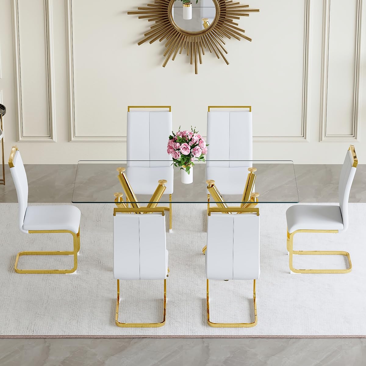 AZmac Modern Dining Table Set for 8 with Gold Metal Frame, 9-Piece Glass Dining Table with PU High Back Chairs for Kitchen Dining Room, Glass Table and 8 White Chairs