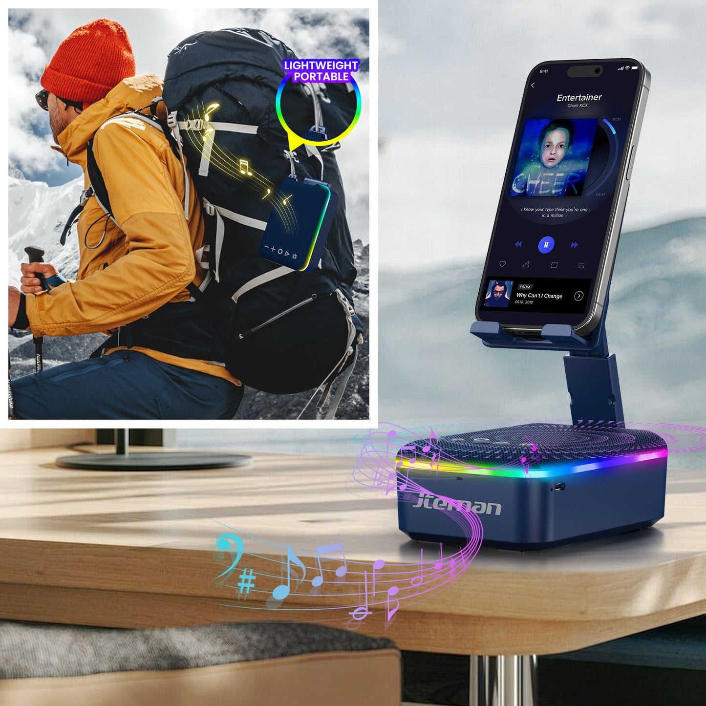 JTEMAN Gifts for Men Women,Cell Phone Stand with Bluetooth Speaker and LED Light,Cool Tech Gadgets,Unique Birthday Gifts for Men Husband Mom Dad-Pink