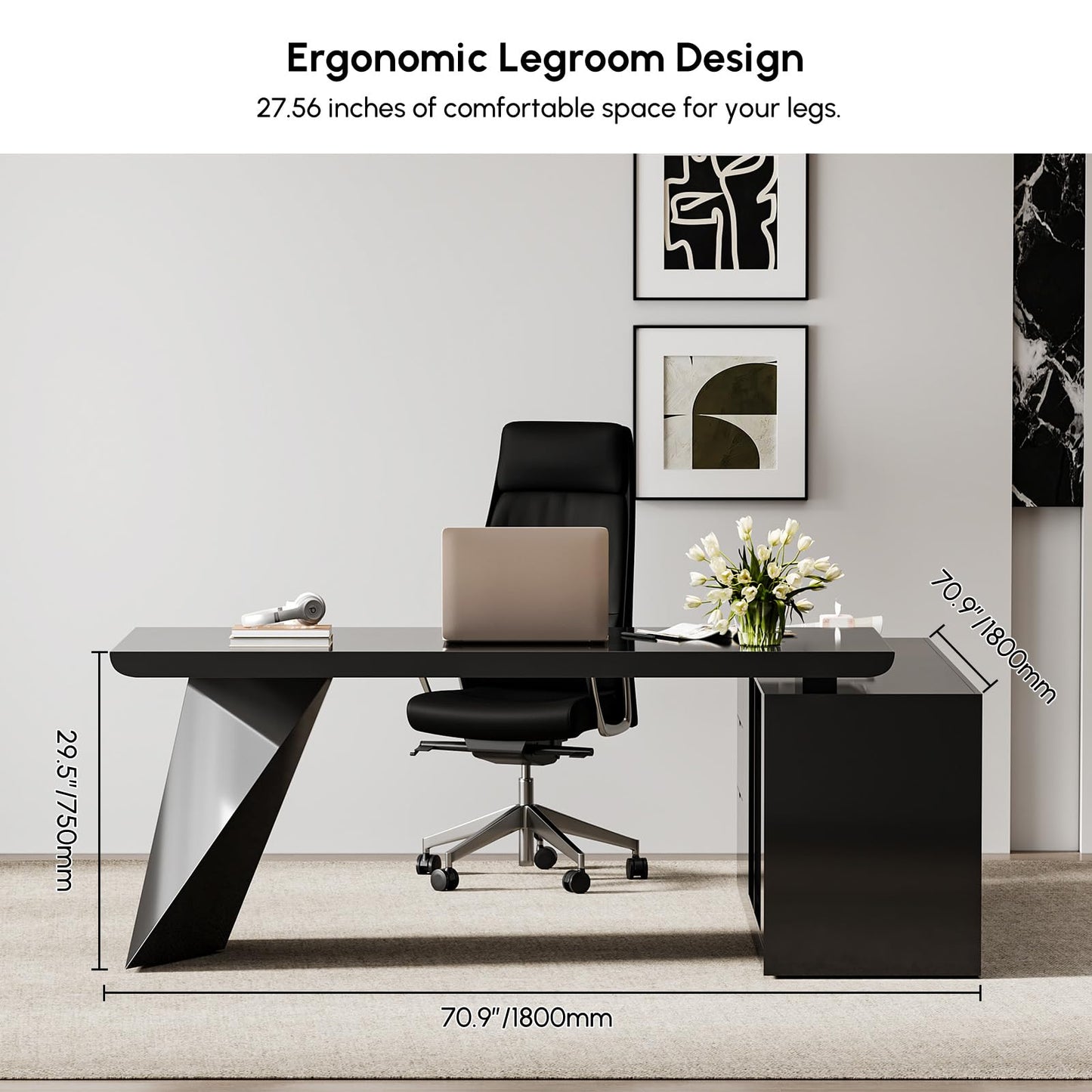 homary 70.9" Modern L-Shape Executive Desk, Home Office Desk with Drawers & Cabinet Modern Computer Desk for Home Business Furniture, Black, Right Hand