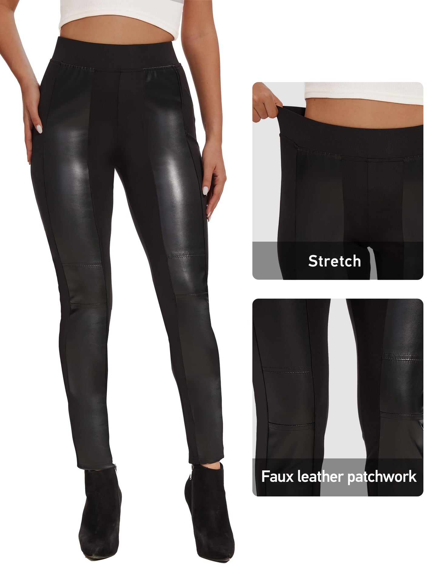 Faux Leather Leggings for Women Pleather Pant Elastic Mid Waisted Stretchy Patch Zip Tights