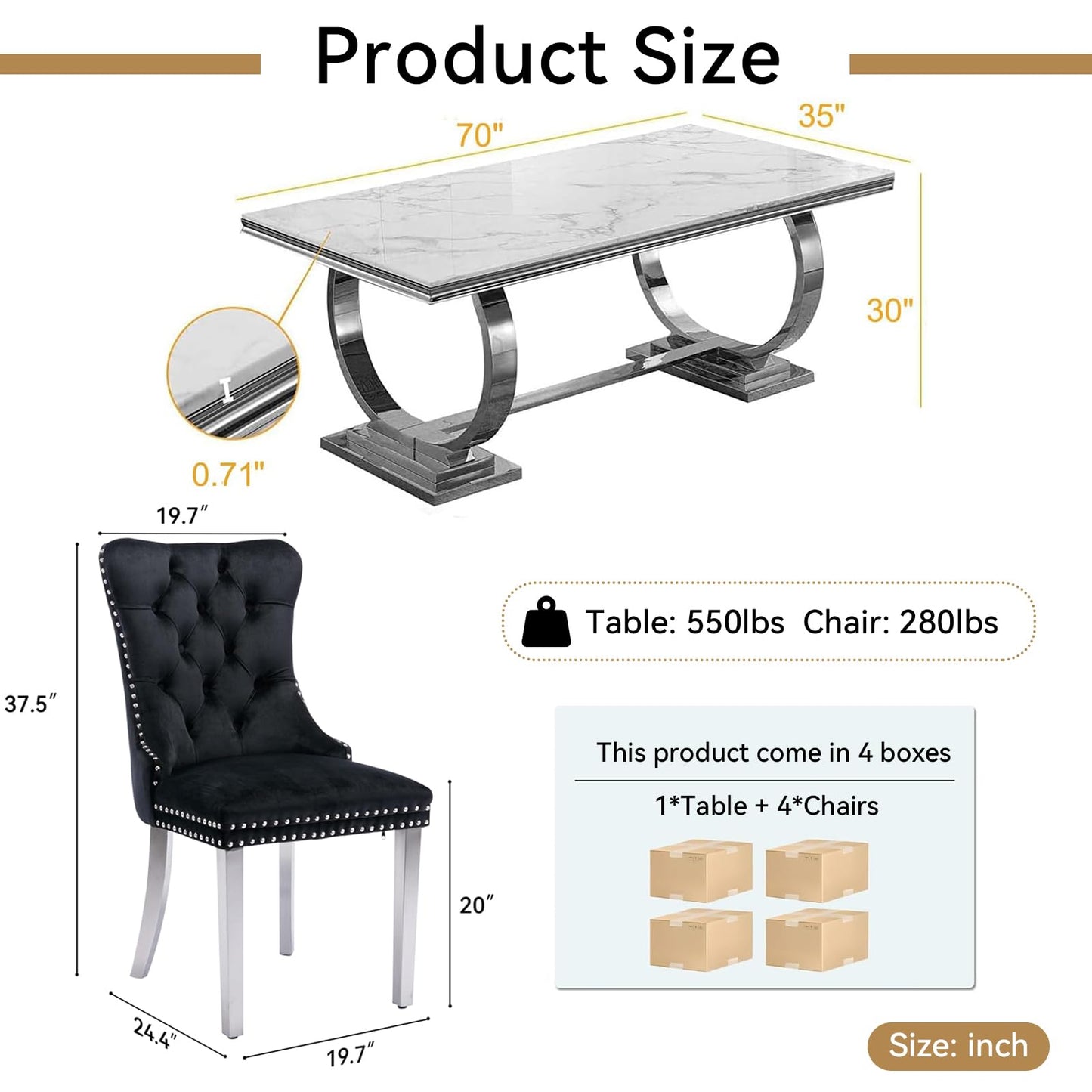 HomVent 70" Faux Marble Dining Table Set for 6, Rectangular Marble Top Kitchen Table Set, Kitchen & Dining Room Sets, Dining Table and Dining Chair