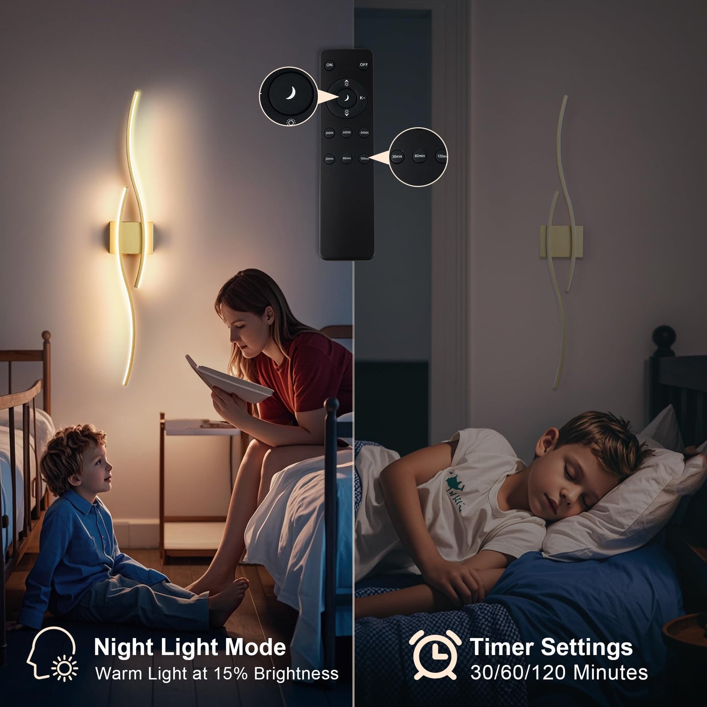 Battery Operated Wall Sconces Set of Two with Remote Control, Dimmable/3 Color/Night-Light/Timer/Memory, Black Modern Wireless LED Sconce for Living Room, Hallway, Bedroom, 39.3 Inch (2 Pack)